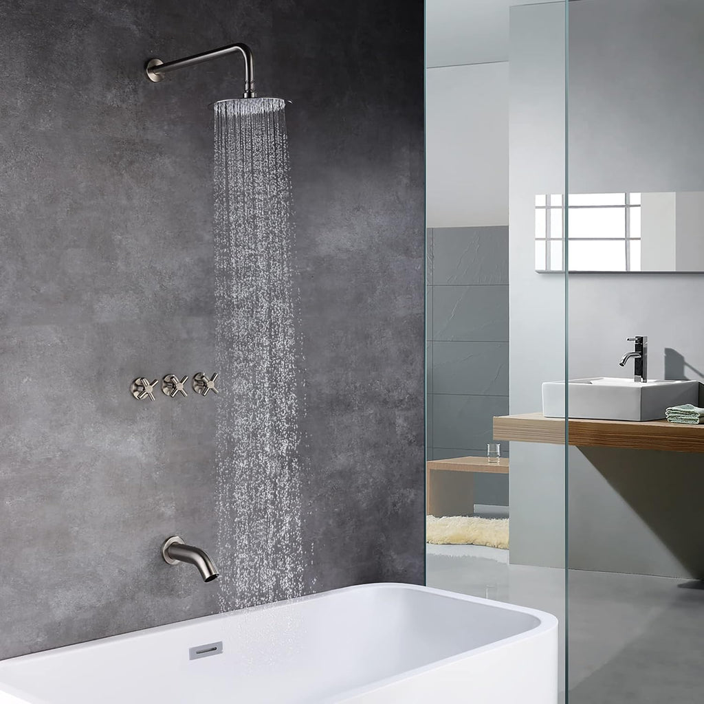Tub and Shower Faucet Set 3 Handle with Valve Brushed Nickel High Flow Waterfall Tub Spout and Rain Shower Head SUMERAIN