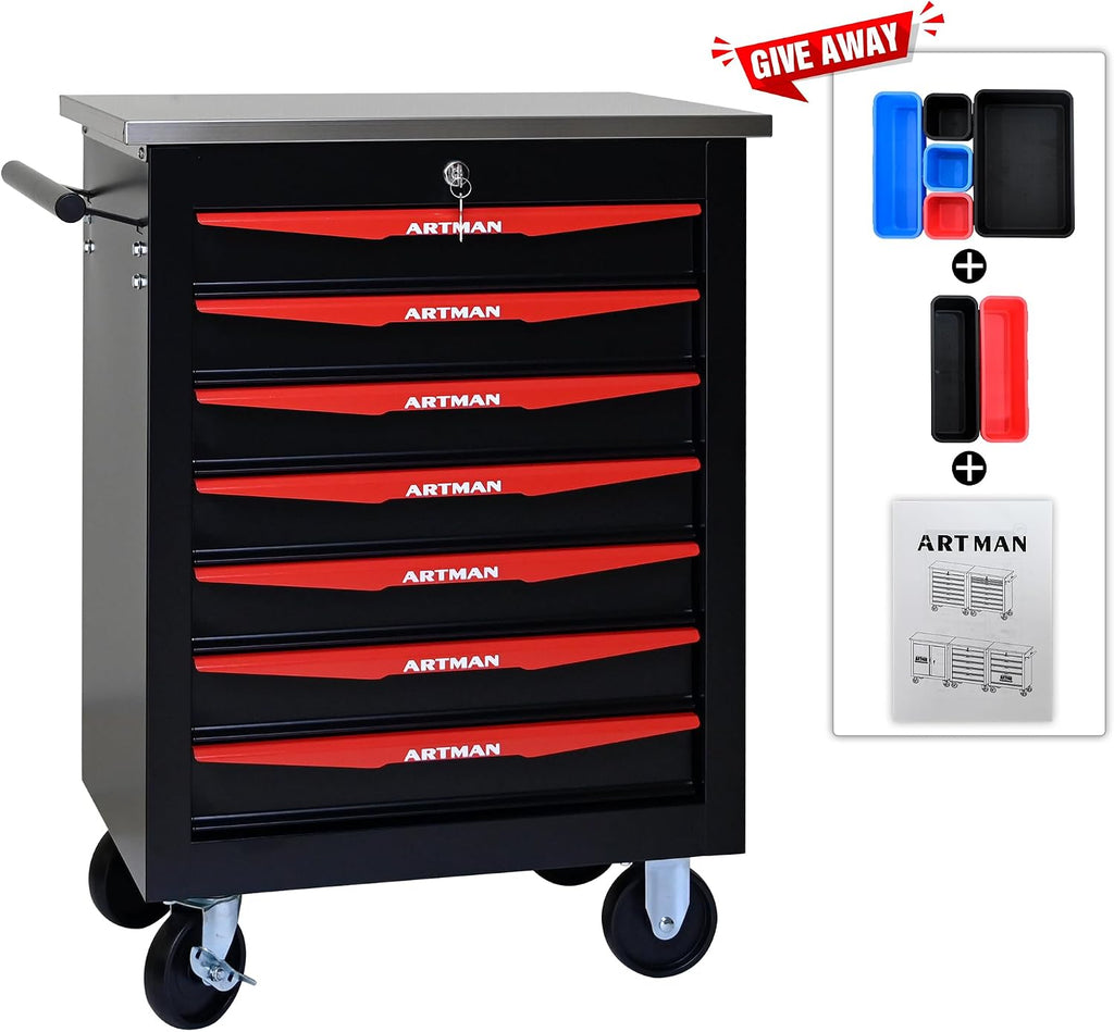Campfun 7 Drawer Tool Chest with Wheels, Rolling Tool Box Metal Tool Cart with Extra 7 Tool Storage Boxes, Tool Chest Workbench Tool Storage Cabinet for Garage Workshop Warehouse Repair Shop