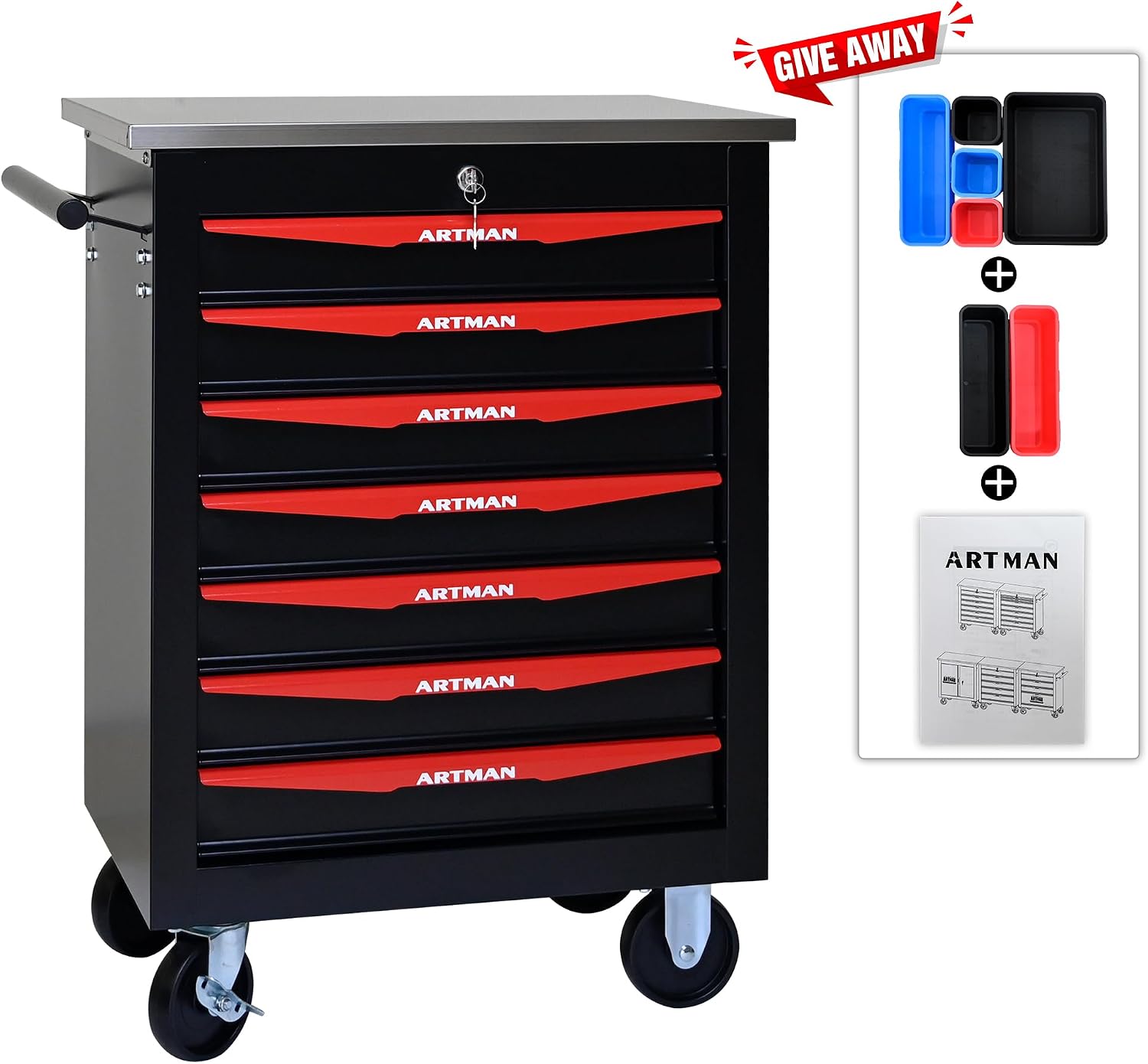 Campfun 7 Drawer Tool Chest with Wheels, Rolling Tool Box Metal Tool Cart with Extra 7 Tool Storage Boxes, Tool Chest Workbench Tool Storage Cabinet for Garage Workshop Warehouse Repair Shop