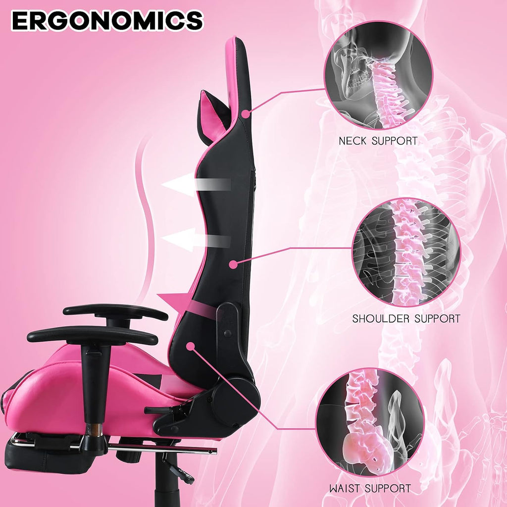 POWERSTONE Gaming Chair - Pink Gamer Chair with Footrest Racing Esports Computer Chair Massage Lumbar Support Leather Recliner