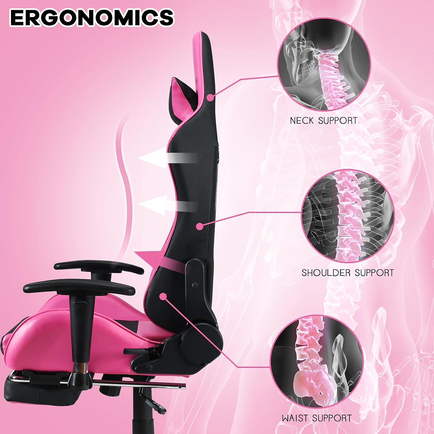 POWERSTONE Gaming Chair - Pink Gamer Chair with Footrest Racing Esports Computer Chair Massage Lumbar Support Leather Recliner