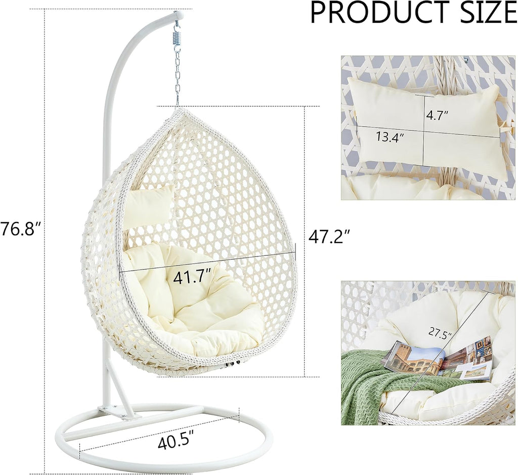 Egg Swing Chair with Stand,White Swing Egg Chair with Stand, Rattan Hanging Egg with Soft Cushion, Outdoor Hanging with Foldable Basket and Metal Stand for Bedroom Patio