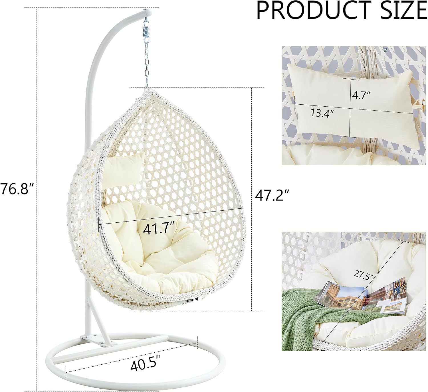 Egg Swing Chair with Stand,White Swing Egg Chair with Stand, Rattan Hanging Egg with Soft Cushion, Outdoor Hanging with Foldable Basket and Metal Stand for Bedroom Patio