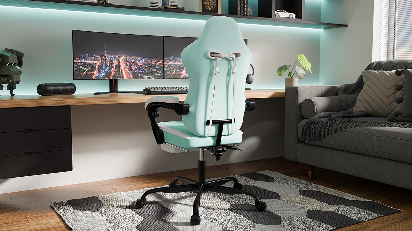 Gaming Chair with Massage and Footrest, Ergonomic High Back PC Racing Chair, 300LBS Capacity with Adjustable Lumbar Support & Headrest for Office and Desk (Model E, Green+White)
