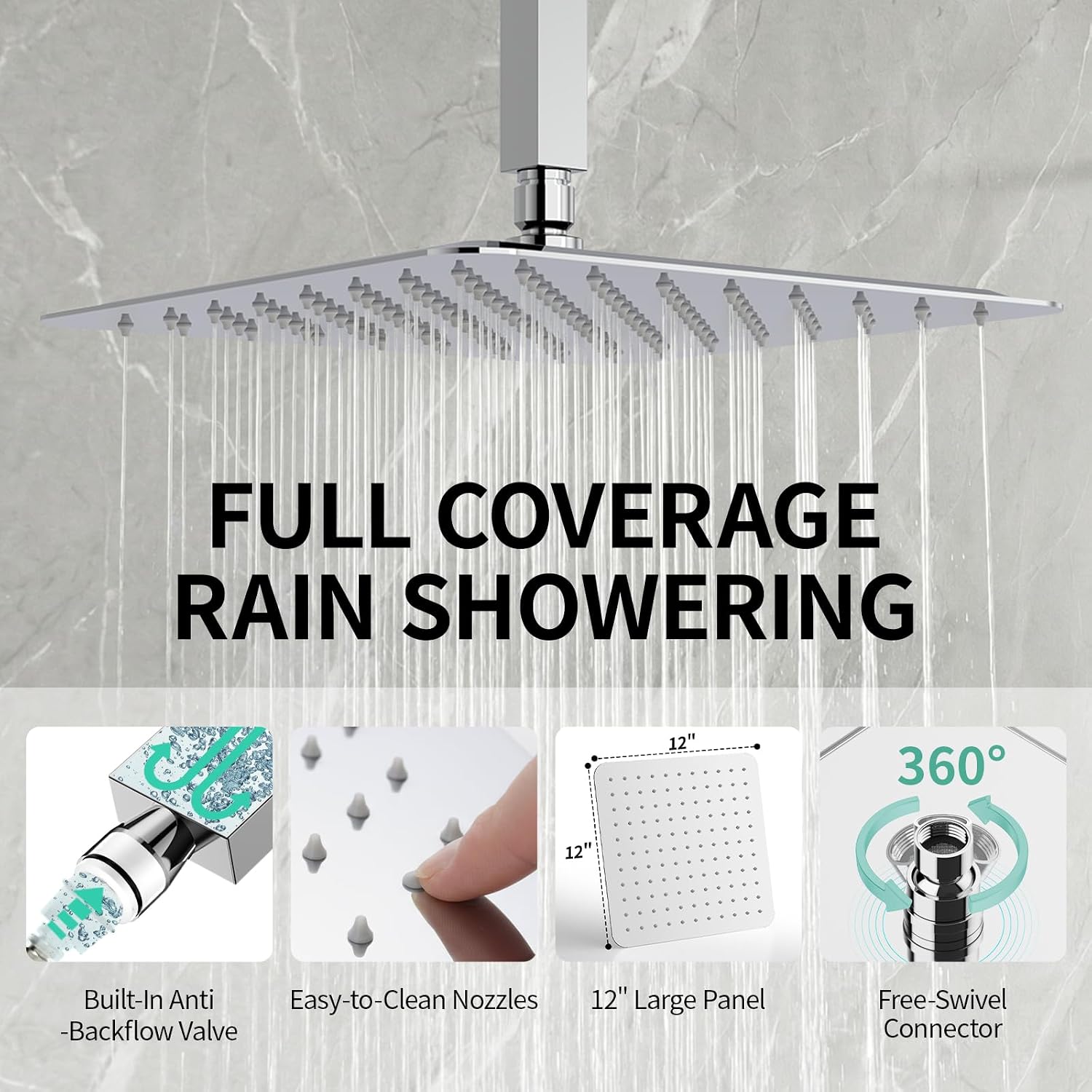 SR SUN RISE 12 Inch Ceiling Mounted Shower System Rain Mixer Combo Set Rainfall Shower Head System Faucet Trim Repair Kits Polished Chrome Rough-in Valve Body and Trim Included