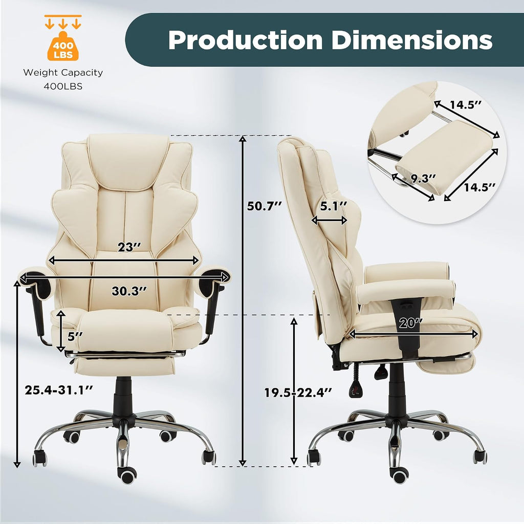 HOMREST Ergonomic Executive Office Chair, 6-Point Massage Manager Chair with Heating Function, Adjustable Backrest Home Office Chair with Adjustable Footrest and Armrests (Beige)