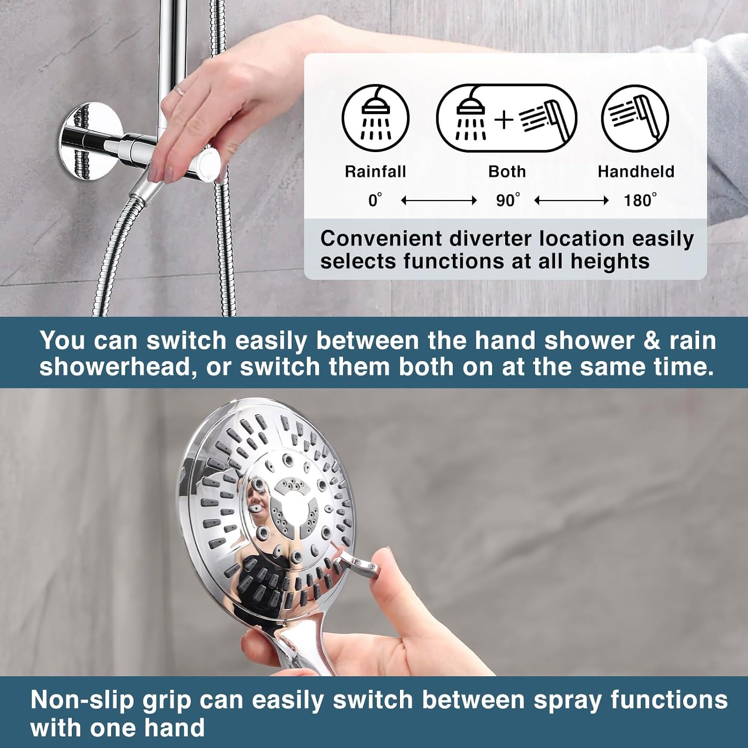 BRIGHT SHOWERS Rain Shower Head Combo with Solid Brass Slide Bar & Diverter, Dual High Pressure Shower Heads with 5-Setting Handheld, Adjustable Height, 60' Stainless Hose, Brushed Nickel