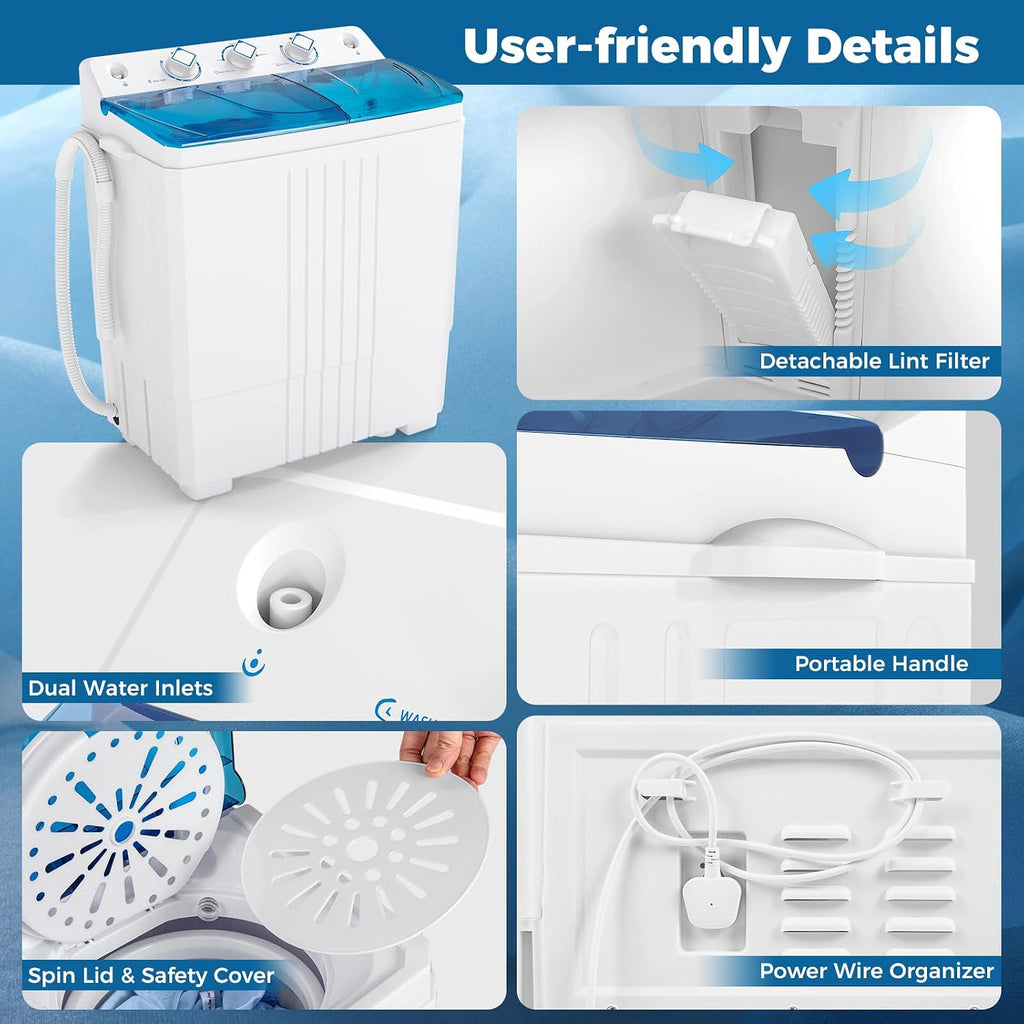 COSTWAY Portable Washing Machine, Twin Tub 20 Lbs Capacity with Drain Pump, Laundry Washer 12 Lbs and Spinner 8 Lbs with Timer Control, Perfect for Apartment Dorm RV, Blue+White