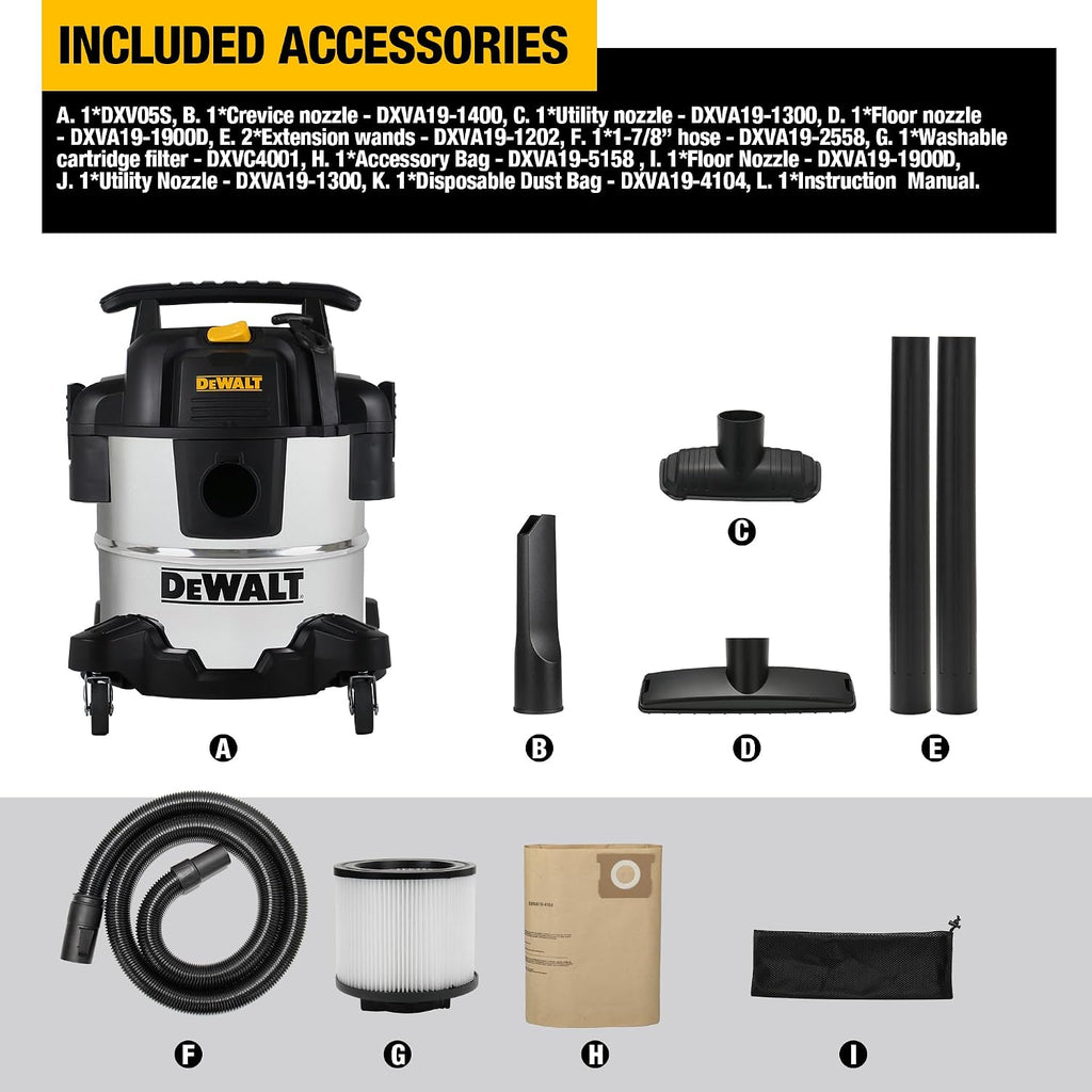 DEWALT DXV05S 5 Gallon Stainless Steel Wet/Dry Vac, 4 Peak HP Shop Vacuums with Attachments, Powerful Suction, 1-7/8' Hose, DXV05S, Silver