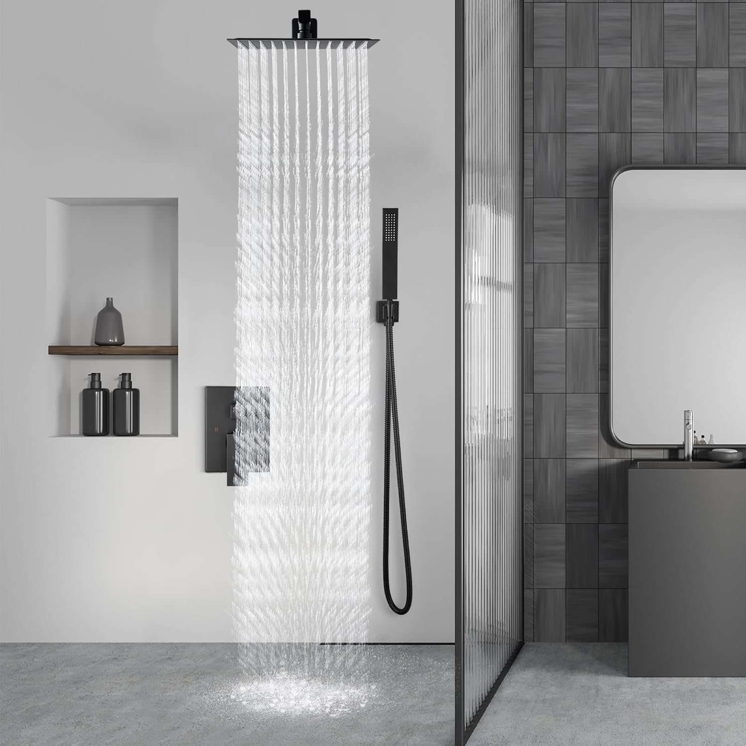 Aolemi Shower Faucet Set Rain Shower System with Handheld Spray Bathroom Shower Combo Rough-in Valve and Shower Trim Kit Included Matte Black 10 Inch Wall Mount Shower Head