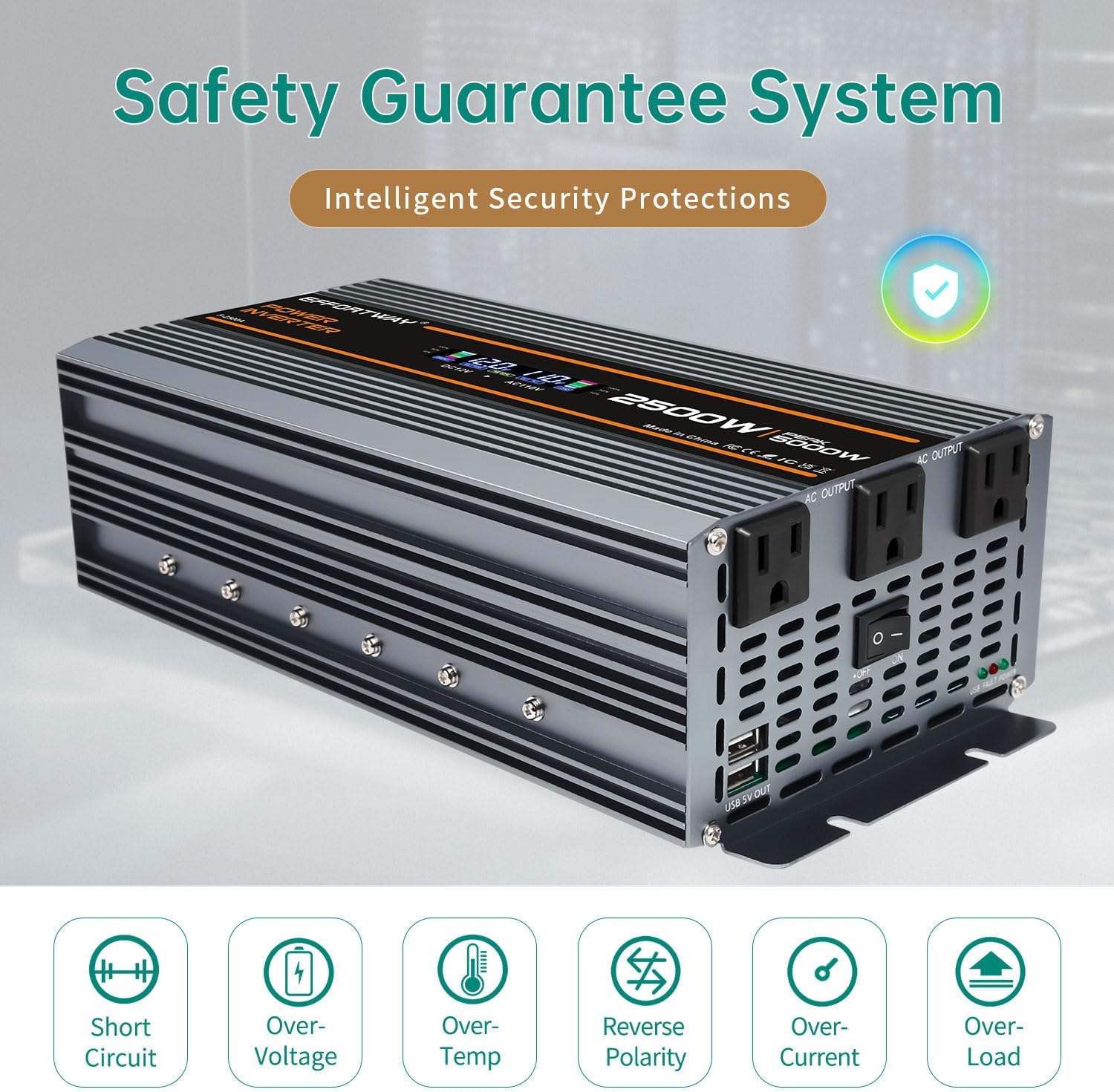 2500W Power Inverter. 12V DC to 110V/120V AC Converter 5000W (Peak) with LCD Display, 3 AC outlets, 2 USB, 2500w Inverter for Camping RV Travel Outdoor Truck Off-Grid Solar inverters