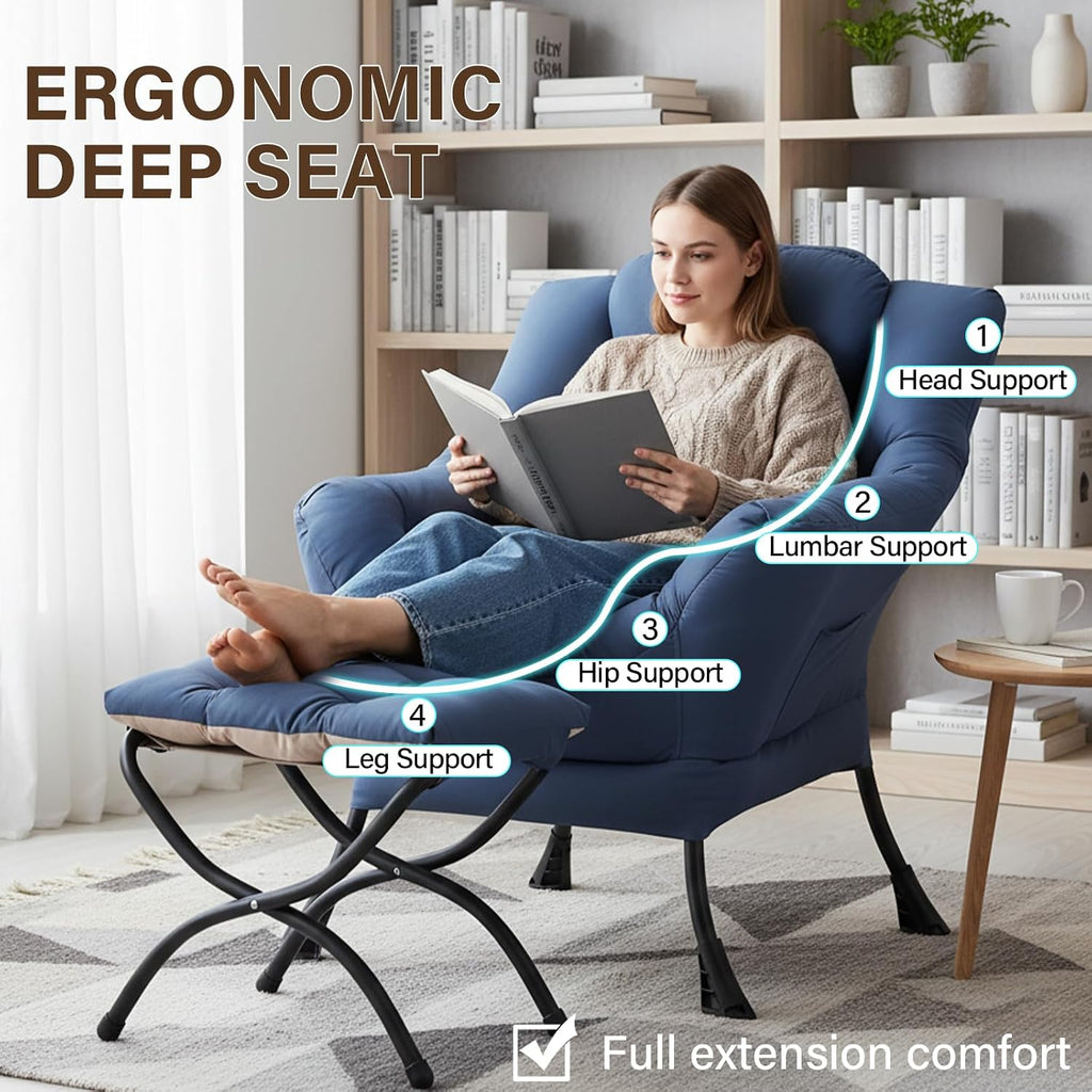 Welnow Lazy Chair with Ottoman, Modern Accent Chair with Armrests and a Side Pocket, Leisure Sofa Armchair, Reading Armchair with Footrest for Small Space, Royal Blue