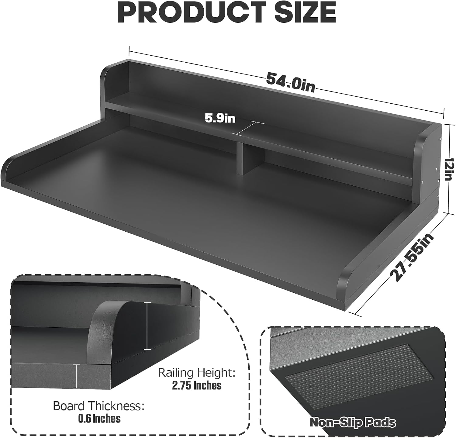 2-Tier Washer Dryer Countertop with 2.75'H Edge Rails, 54' W x 27.55' D Laundry Countertop for Folding Clothes, Washer and Dryer Topper with Non-Slip Pad (Black)