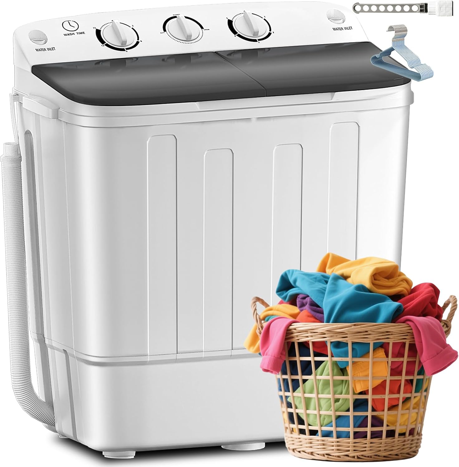 Portable Twin Tub Washing Machine, Buy 1(washer) Get 1(Dry Rack) Free! 11 lbs Washer Mini Compact Laundry Machine and 7 lbs Spinner, Semi-automatic Combo for Dorms, Apartments(black)