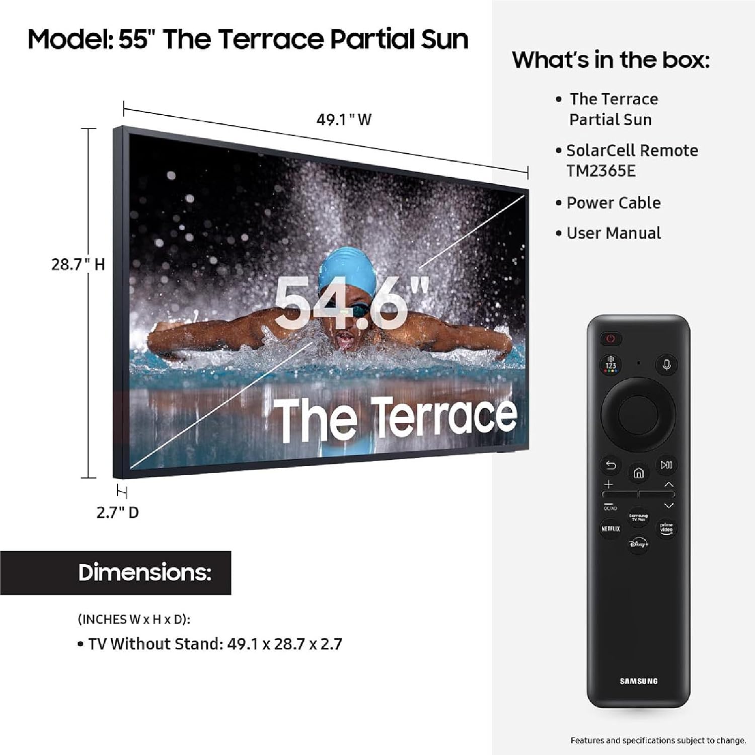 SAMSUNG 55-Inch Class Neo QLED 4K The Terrace Partial Sun, Quantum HDR+ (QN55LST7DAFXZA, 2024 Model) + SAMSUNG 55-Inch The Terrace Outdoor Smart TV Dust Cover with Protective Lining, VG-SDCC55G