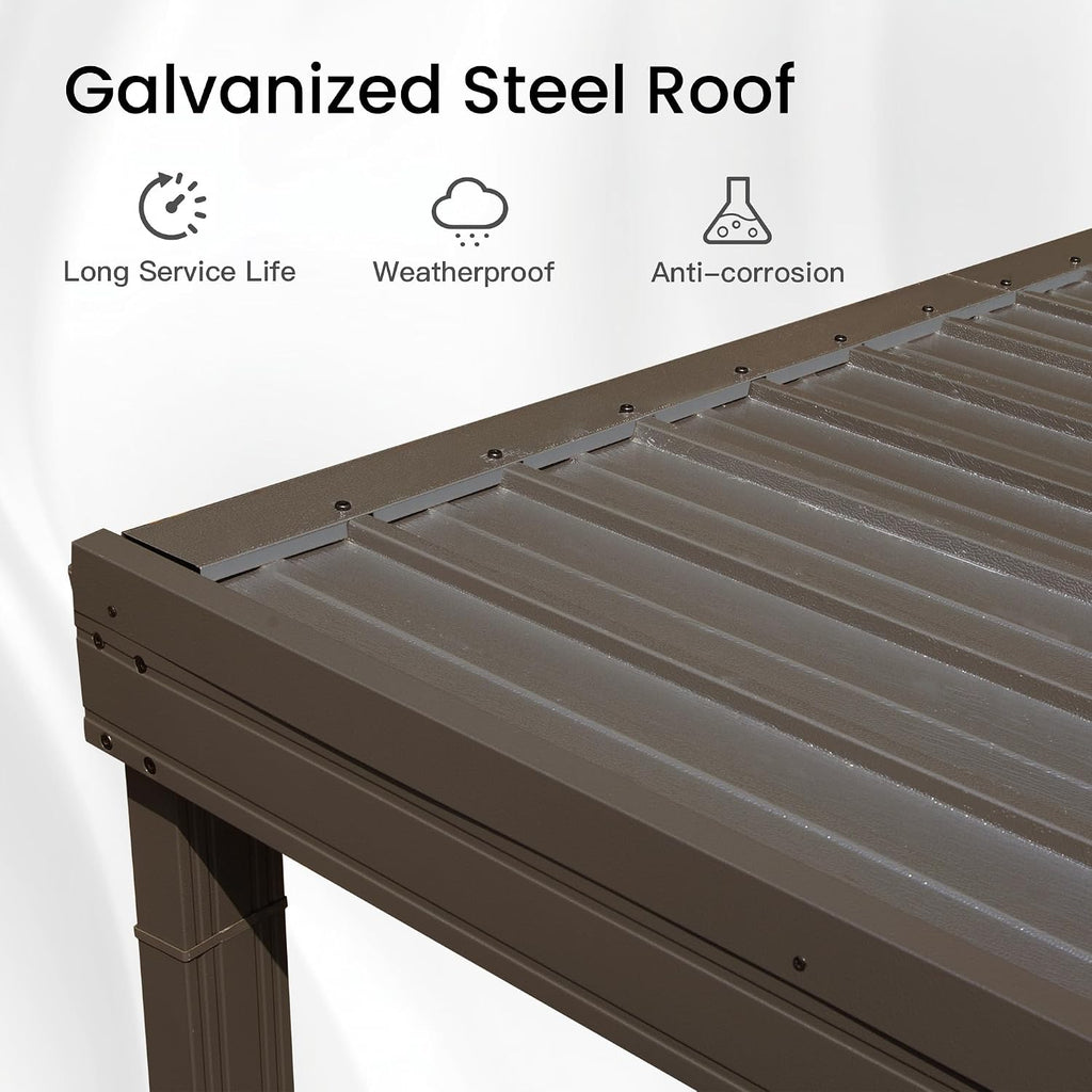 Domi 8' x 8' Lean to Gazebo, Wall Mounted Gazebos Pergola with Built in Drainage System, Galvanized Steel Roof, Hardtop Patio Shelter for Deck, Porch, Backyard and More,Brown