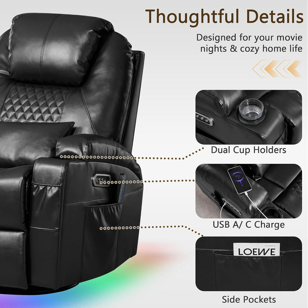 Dual Motor Power Swivel Rocker Recliner Chair with Heat and Massage,Electric Glider Rocking Chairs for Nursery,Theater Seating with LED Lights, USB A/USB C Ports for Living Room (1, Black)