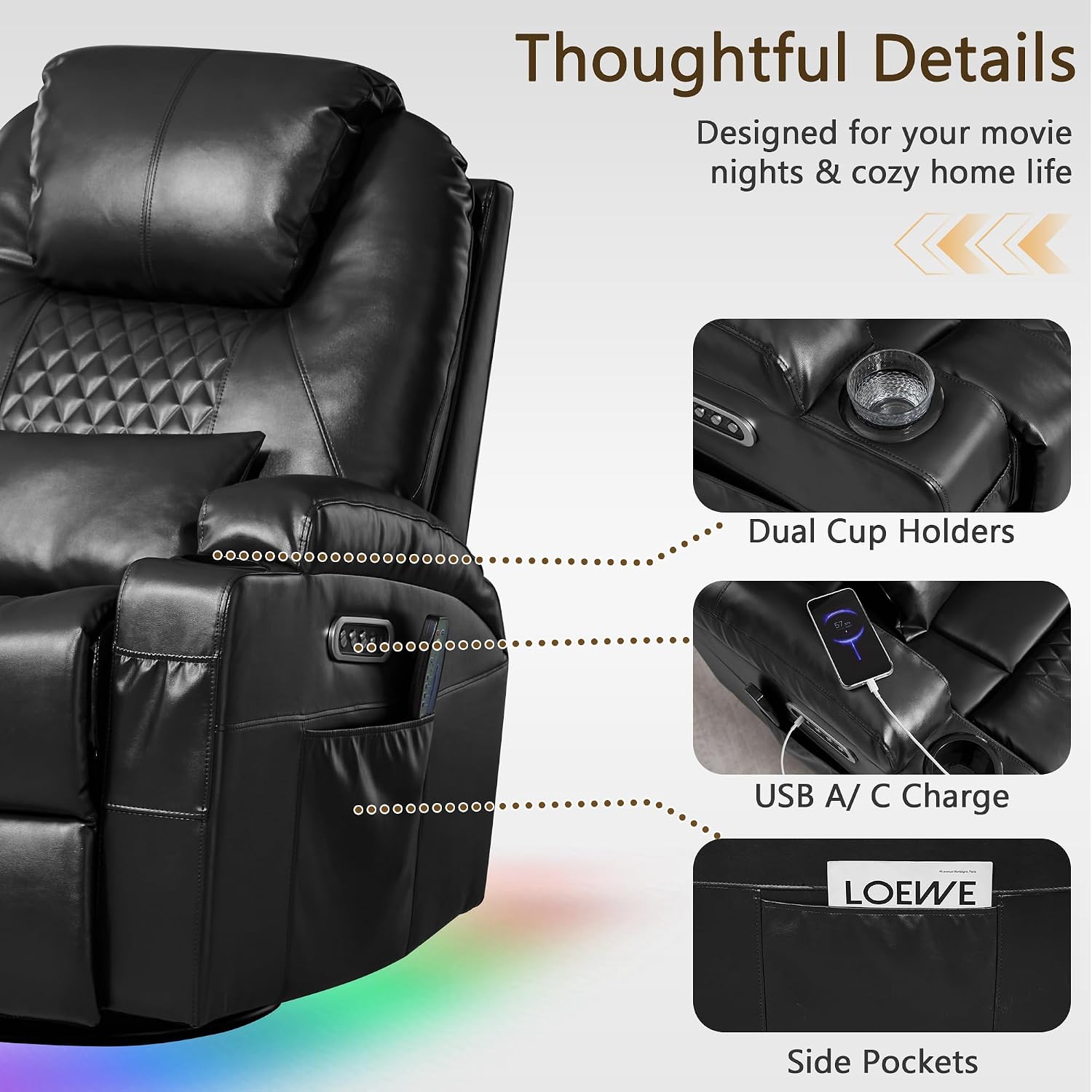 Dual Motor Power Swivel Rocker Recliner Chair with Heat and Massage,Electric Glider Rocking Chairs for Nursery,Theater Seating with LED Lights, USB A/USB C Ports for Living Room (1, Black)