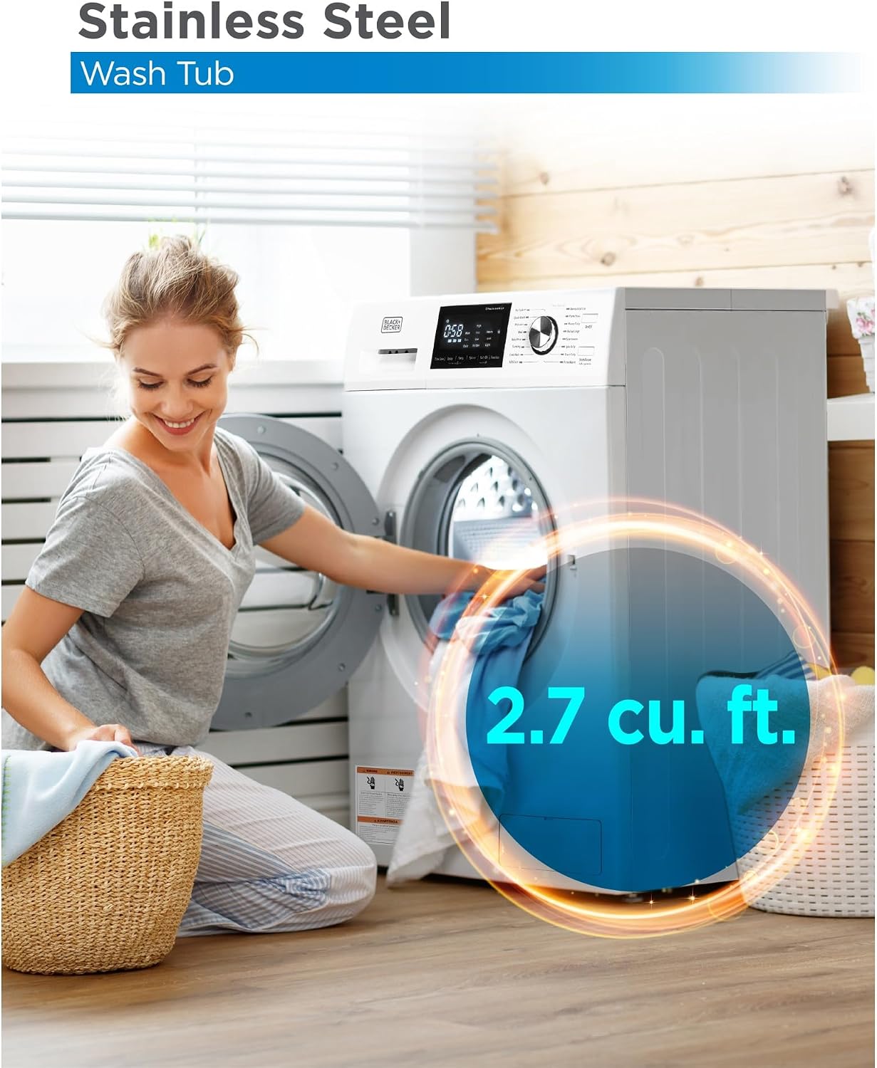 BLACK+DECKER Front Load Washer, 2.7 Cu. Ft. Compact Washing Machine with LED Display & 16 Cycles