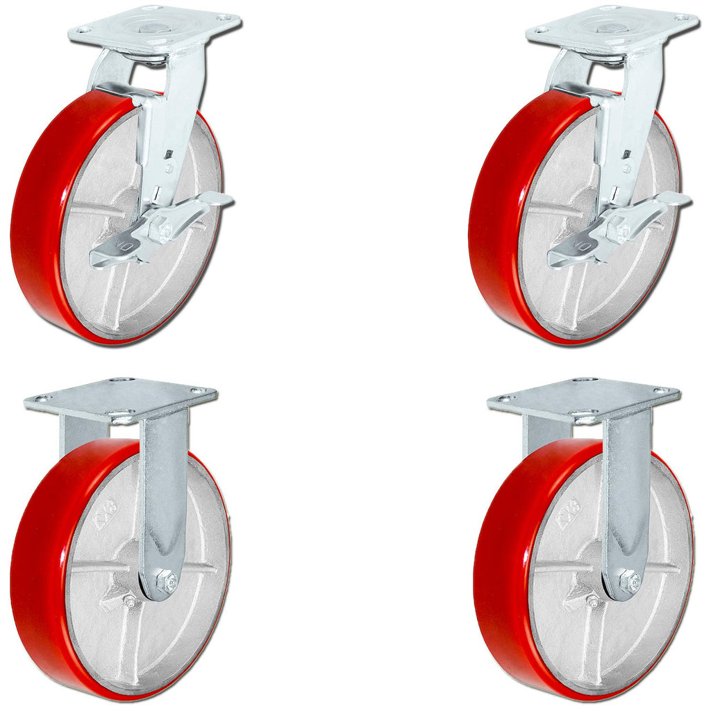 CasterHQ 8' x 2' Heavy-Duty Caster Set – Set of 4 Red Polyurethane on Steel Casters, 5,000 lbs Capacity Per Set, Replacement Wheels for Toolboxes, Carts, and Equipment