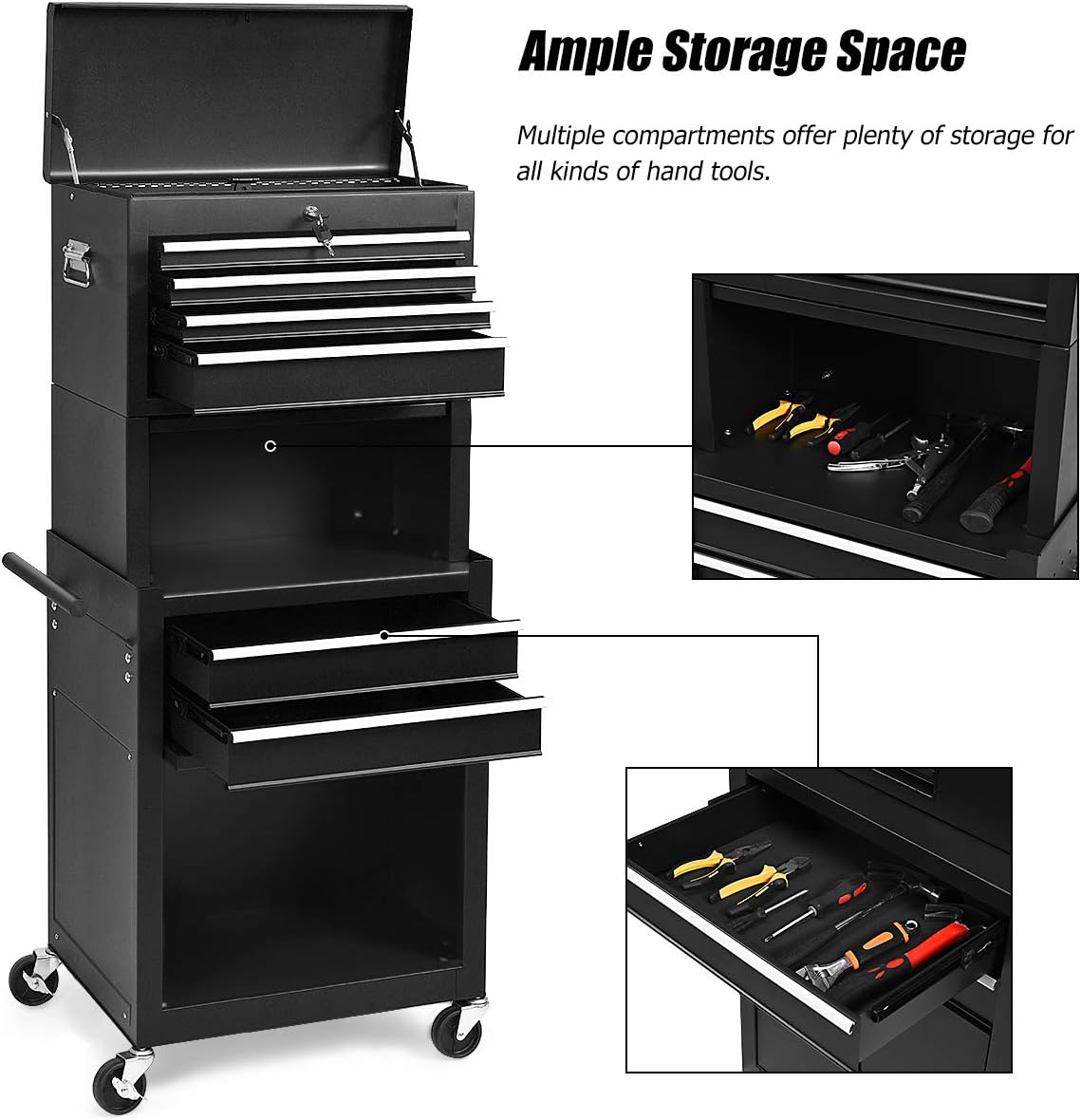S AFSTAR 6-Drawer Rolling Tool Chest, High Capacity Tool Storage Cabinet with Wheels and Locking System, Removable Toolbox Organizer with Sliding Drawers (Black)