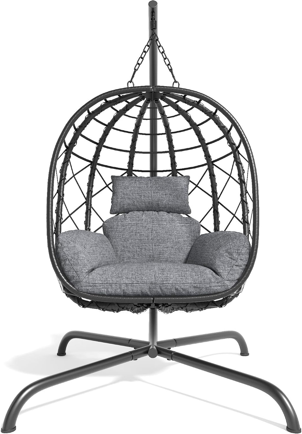 Foldable Hanging Egg Chair with Stand - Wicker Swing Hammock Chair with Cushion - for Patio Porch Balcony Weight Capacity 350lbs (Light Gray)