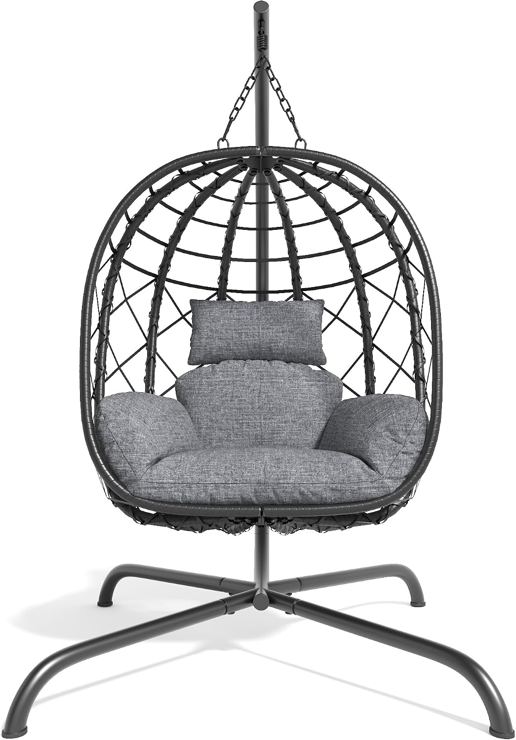 Foldable Hanging Egg Chair with Stand - Wicker Swing Hammock Chair with Cushion - for Patio Porch Balcony Weight Capacity 350lbs (Light Gray)