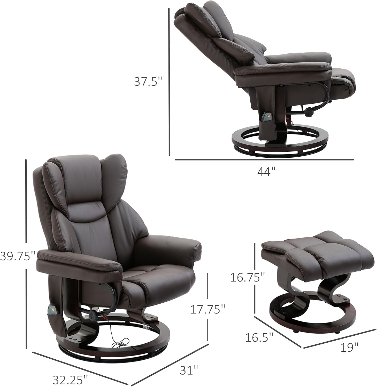 HOMCOM Massage Recliner Chair with Ottoman Footrest, 10 Vibration Points, 360° Swivel Reclining Chair, Faux Leather Living Room Chair with Side Pocket and Remote Control, Brown