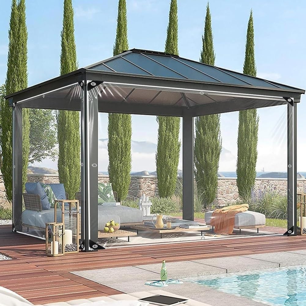 Clear Waterproof Tarps with Grommets & Reinforced Edges PVC Tarpaulin Curtain for Pergola/Patio/Gazebo(10x28FT)
