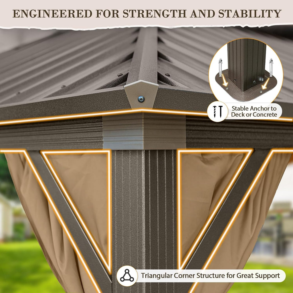 EAGLE PEAK 12x20 Hardtop Gazebo, Galvanized Steel Double Roof with Aluminum Frame, Outdoor Pavilion with Netting and Curtains for Patio, Deck, Lawn and Garden, Dark Brown/Tan