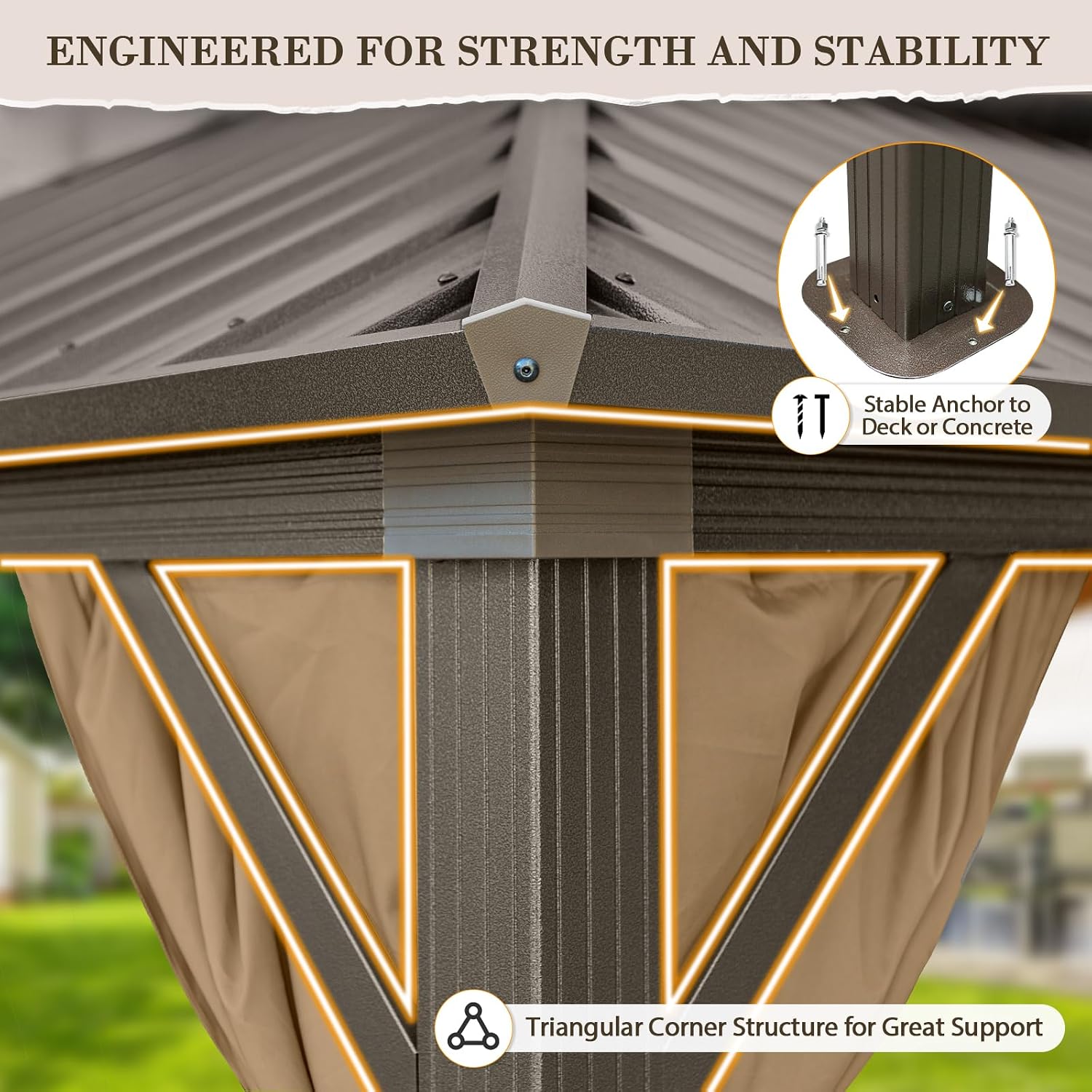 EAGLE PEAK 12x20 Hardtop Gazebo, Galvanized Steel Double Roof with Aluminum Frame, Outdoor Pavilion with Netting and Curtains for Patio, Deck, Lawn and Garden, Dark Brown/Tan