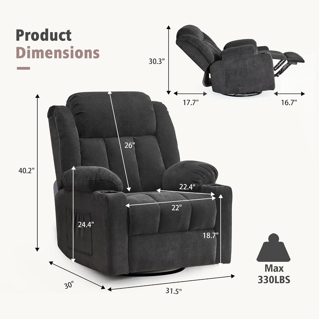Ketaiyou Rocker Swivel Recliner Chair for Adults, Overstuffed Large Manual Recliner Glider with Massage and Heat, Comfy Soft Fabric Living Room Reclining Sofa Chair (Black1)