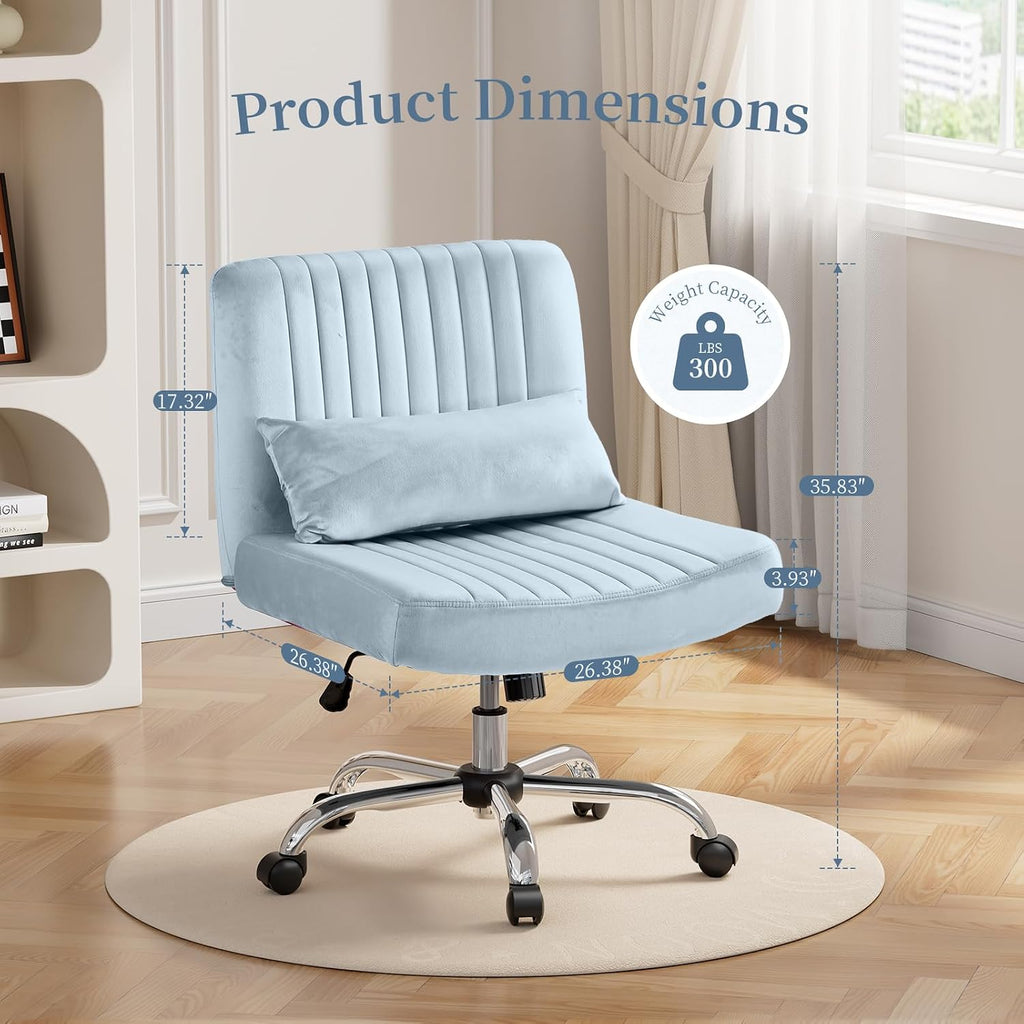 Criss Cross Office Chair with Wheels, Velvet Cross Legged Desk Chair for Bedroom, Armless Computer Chair, Modern Vanity Chair, Festival for Adults, Velvet Dusk Blue
