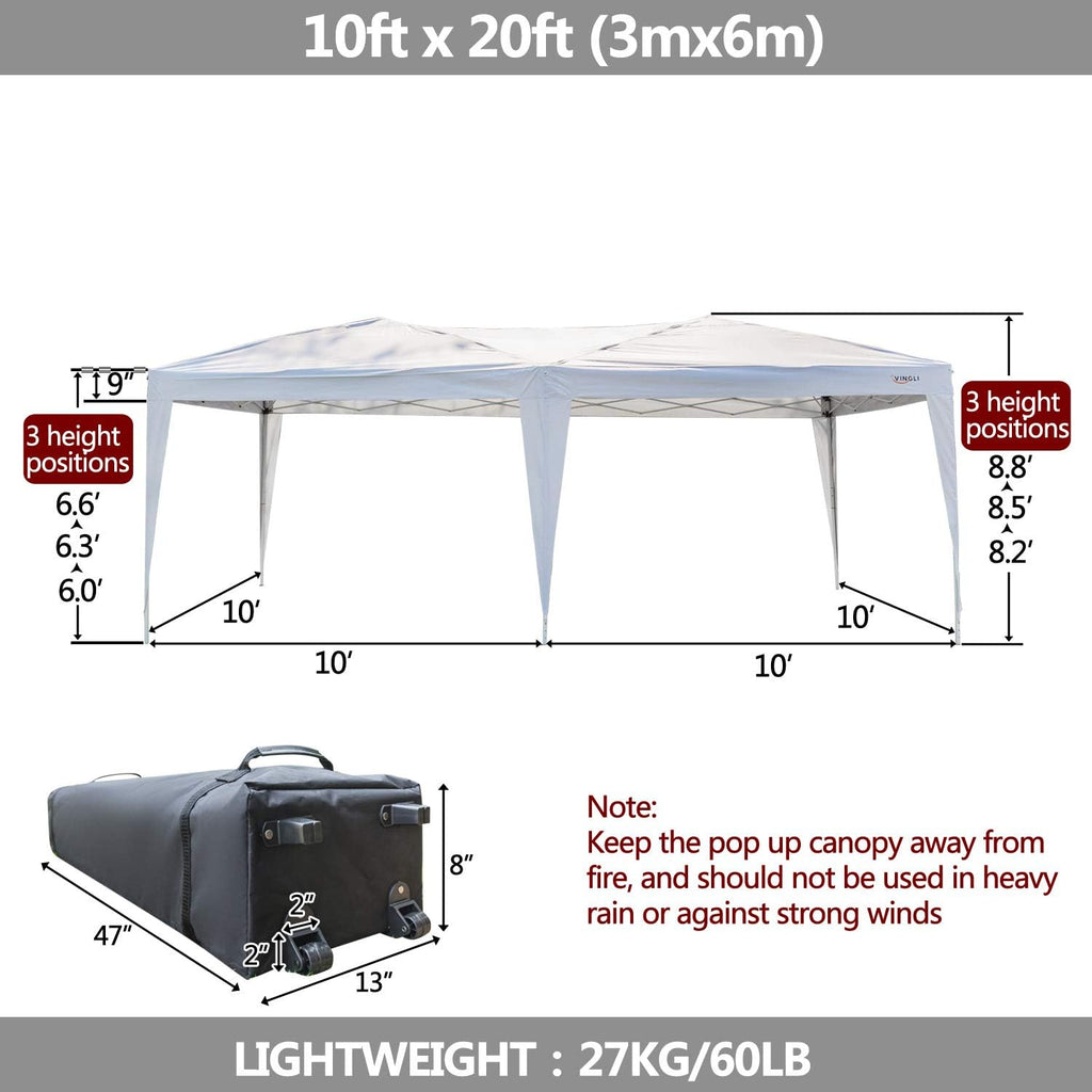 VINGLI 10X20 Feet Pop Up Canopy,Instant Tent,4 Removable Sidewalls,Folding EZ Up Canopy Tent,Patio Event Gazebo Beach Tent,UV Coated&Waterproof, Bonus Wheeled Carry Bag (White)