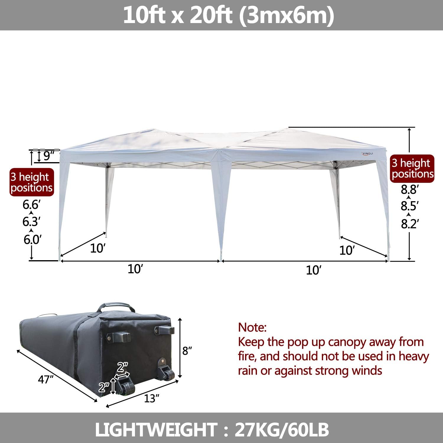 VINGLI 10X20 Feet Pop Up Canopy,Instant Tent,4 Removable Sidewalls,Folding EZ Up Canopy Tent,Patio Event Gazebo Beach Tent,UV Coated&Waterproof, Bonus Wheeled Carry Bag (White)