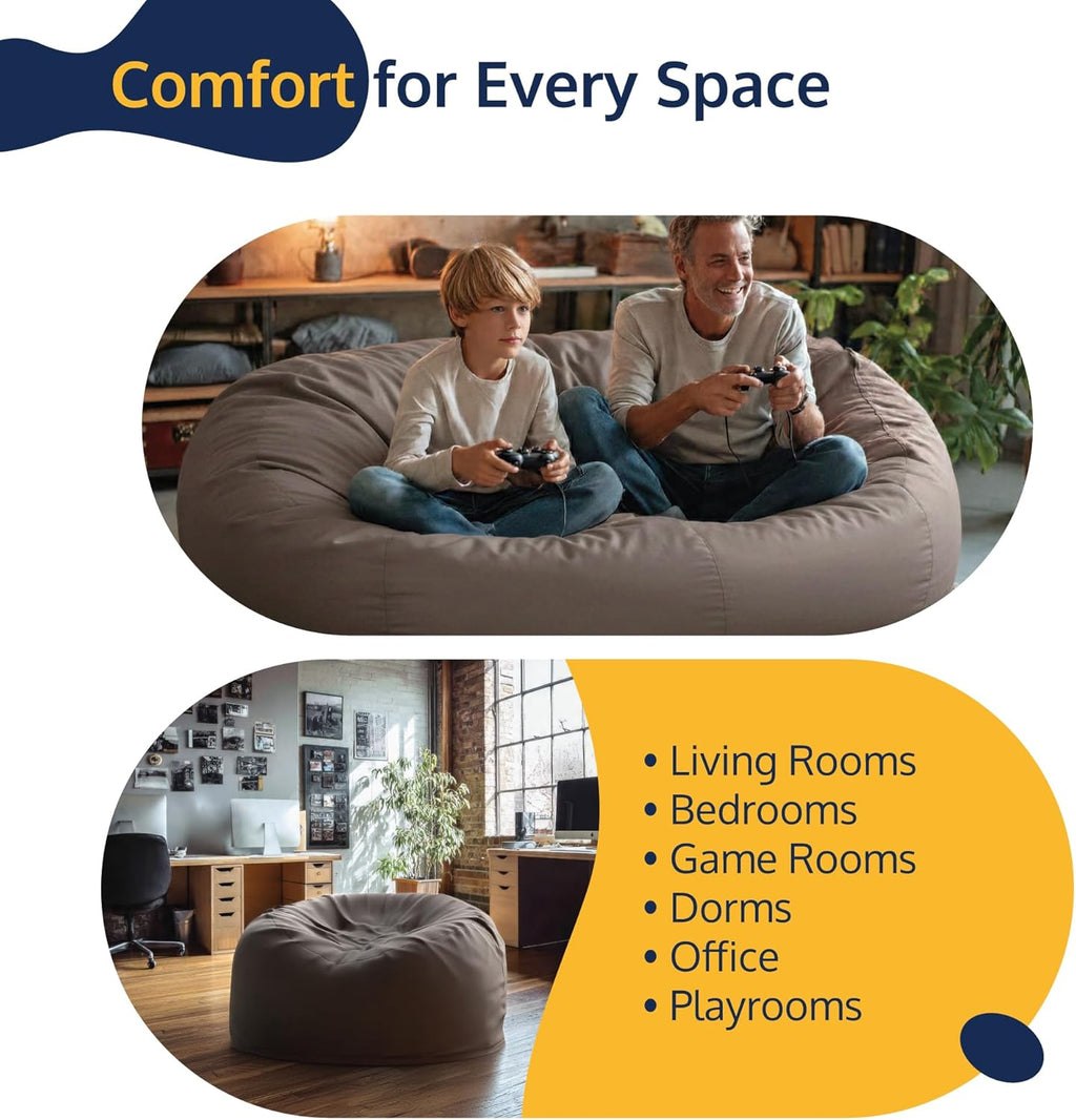 ULTIMATE SACK 5000 5-Foot Bean Bag Chair with Footstool, Grey Suede Cover – Oversized Foam Lounger, Floor Seat, Small Sofa, or Couch Bed for Living Area, Gaming Room, or Reading Lounge