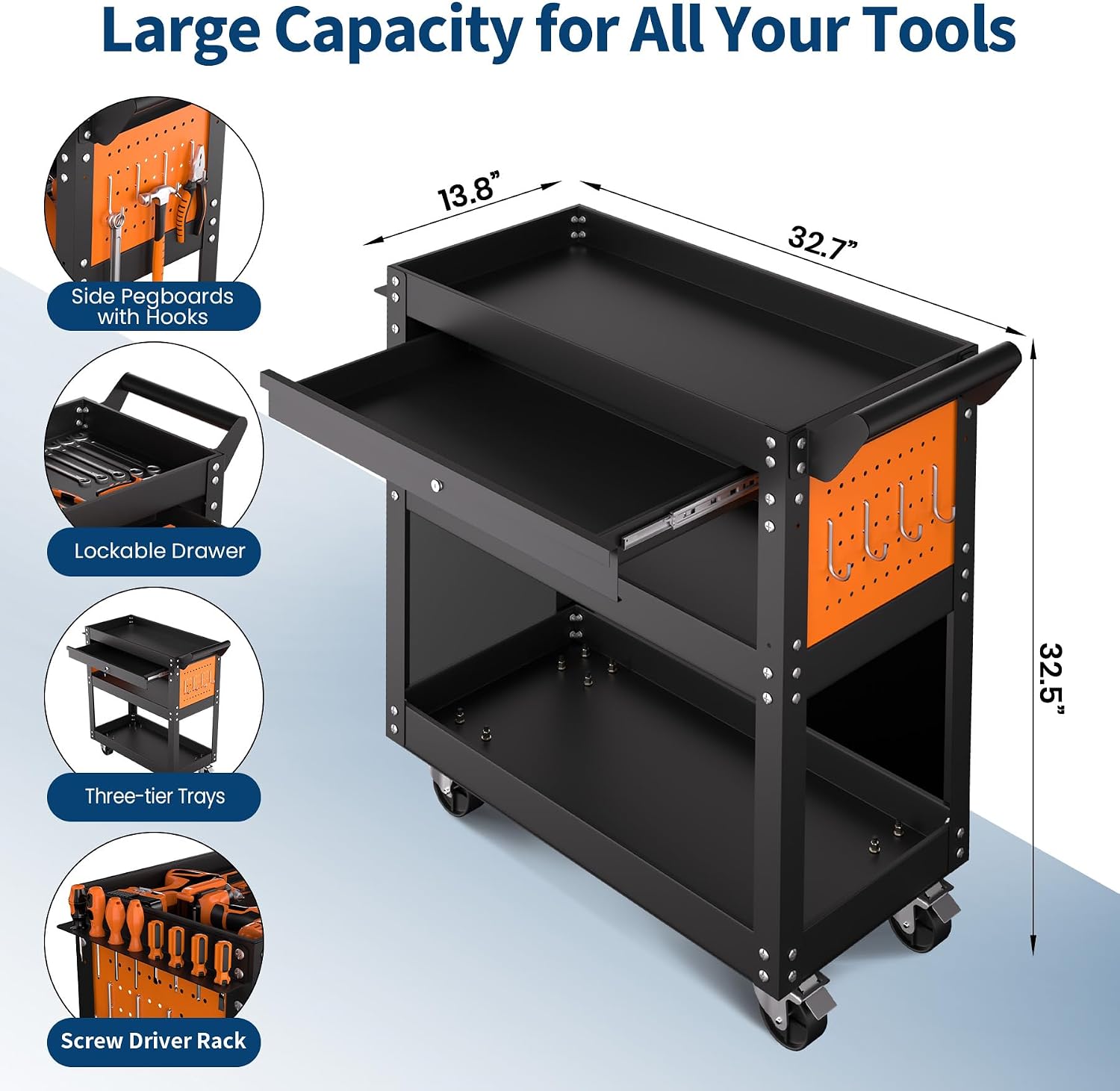 4 Tier Heavy Duty Rolling Tool Cart On Wheels, 350 Lb Capacity, Metal Utility Carts with Lockable Drawer & Side Pegboards, Mechanic Tool Storage Organizer for Garage Workshop Repair Shop