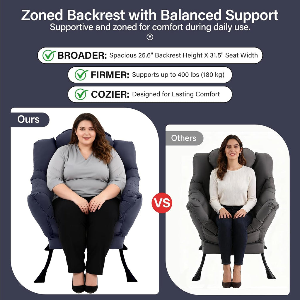 Lazy Chair with Ottoman, Modern Accent Chair with Lumbar Pillow, Navy Blue Sofa, Armchairs with Folding Footrest, Oversized Supportive Chairs for Bedroom, Reading
