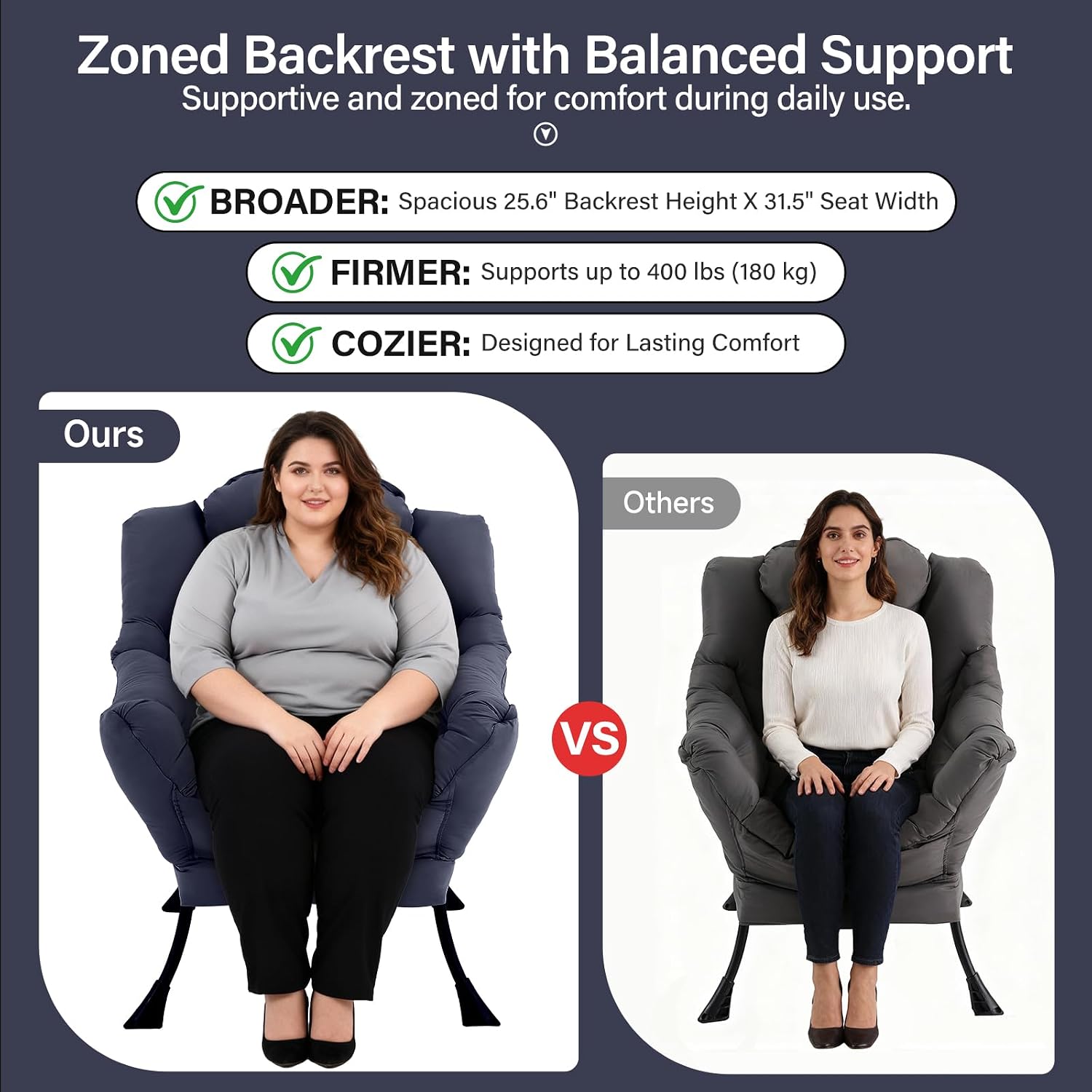 Lazy Chair with Ottoman, Modern Accent Chair with Lumbar Pillow, Navy Blue Sofa, Armchairs with Folding Footrest, Oversized Supportive Chairs for Bedroom, Reading