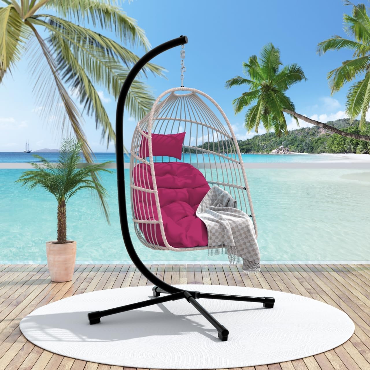 KEIKI Egg Chair with Stand & Cushion, Foldable Rattan Hanging Basket Chair for Indoor & Outdoor, 350LBS Capacity Hammock Swing Chair for Patio, Bedroom, or Balcony, Black & Rose Red