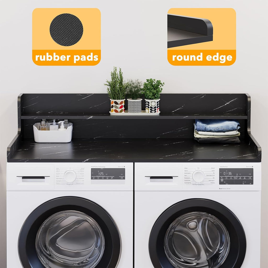 SpaceAid Washer Dryer Countertop with 2-Tier Shelf, Wood Topper with Edge, 54' Width x 27.5' Depth Cover Organizer Guard for Washer and Dryer Counter Laundry Hamper Storage (Black Marble)