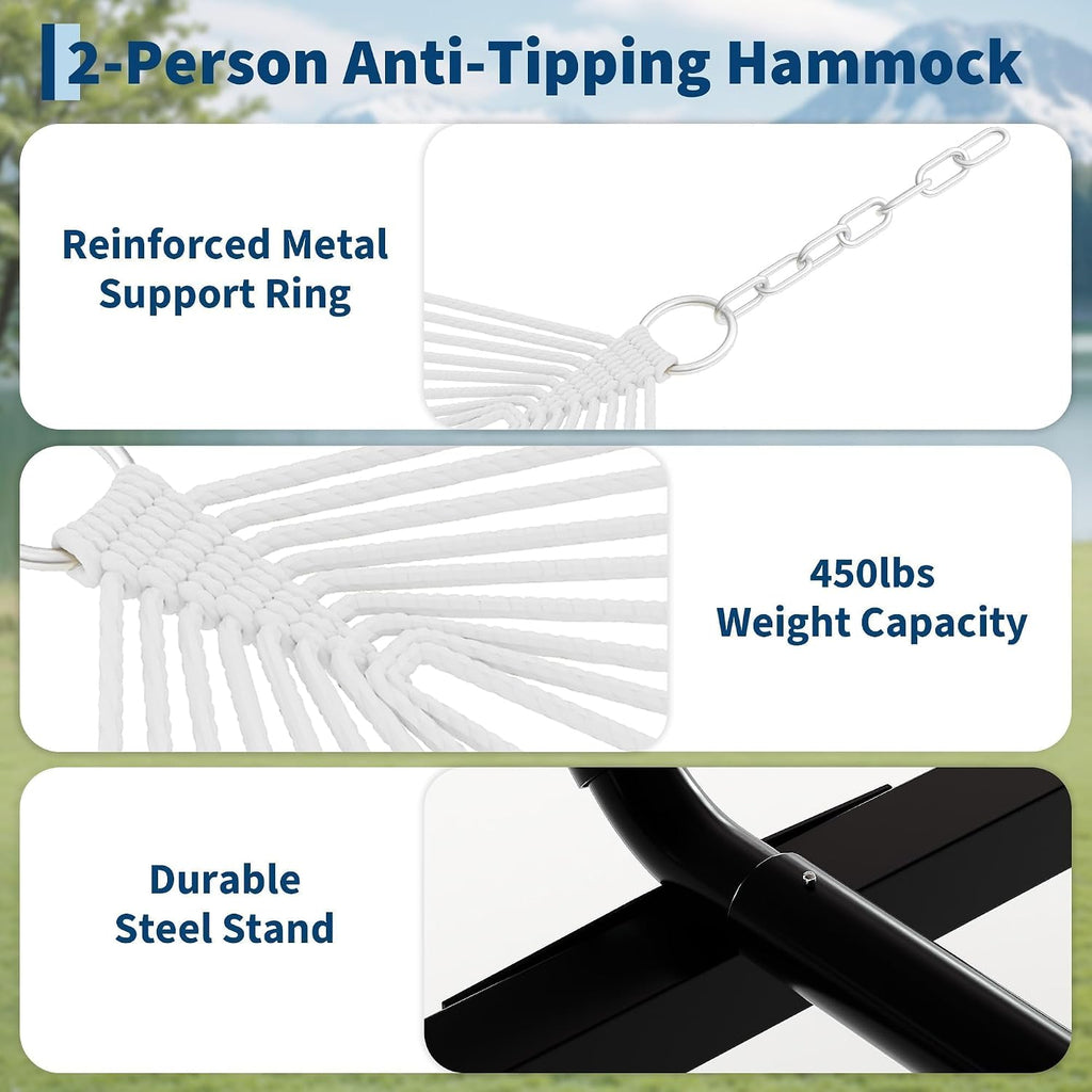 GarveeHome Portable 2 Person Double Hammock with Sturdy Heavy-Duty Steel Stand – 450LBS Max Load, Quick & Effortless Assembly, Perfect for Indoor Living, Yard, Patio & Camping Trips