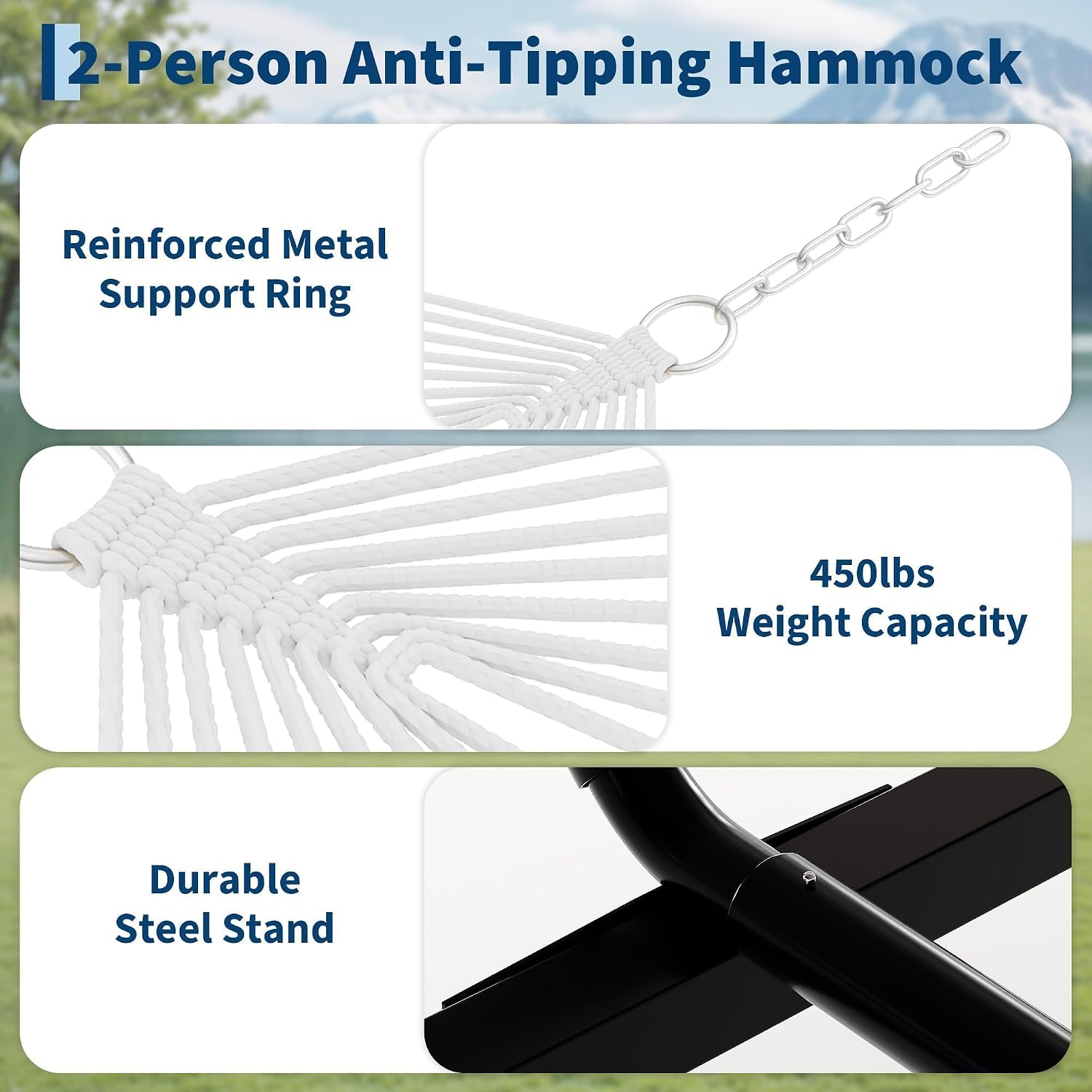 GarveeHome Portable 2 Person Double Hammock with Sturdy Heavy-Duty Steel Stand – 450LBS Max Load, Quick & Effortless Assembly, Perfect for Indoor Living, Yard, Patio & Camping Trips