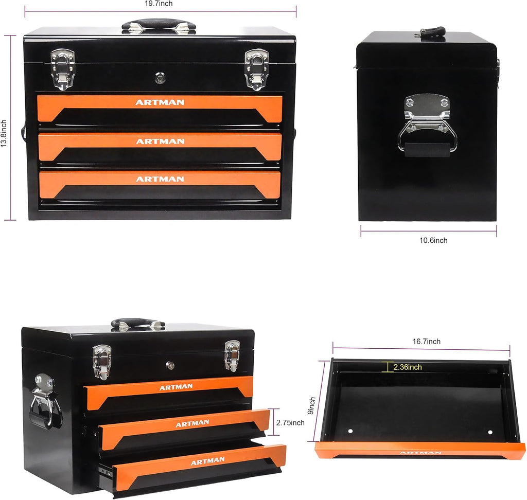 3-Drawer Tool Chest with 439-Piece Mechanics Tool Set | Heavy-Duty Steel Portable Tool Box with Complete Socket & Wrench Kit for Workshop, Garage, and Home Use (Black & Orange)