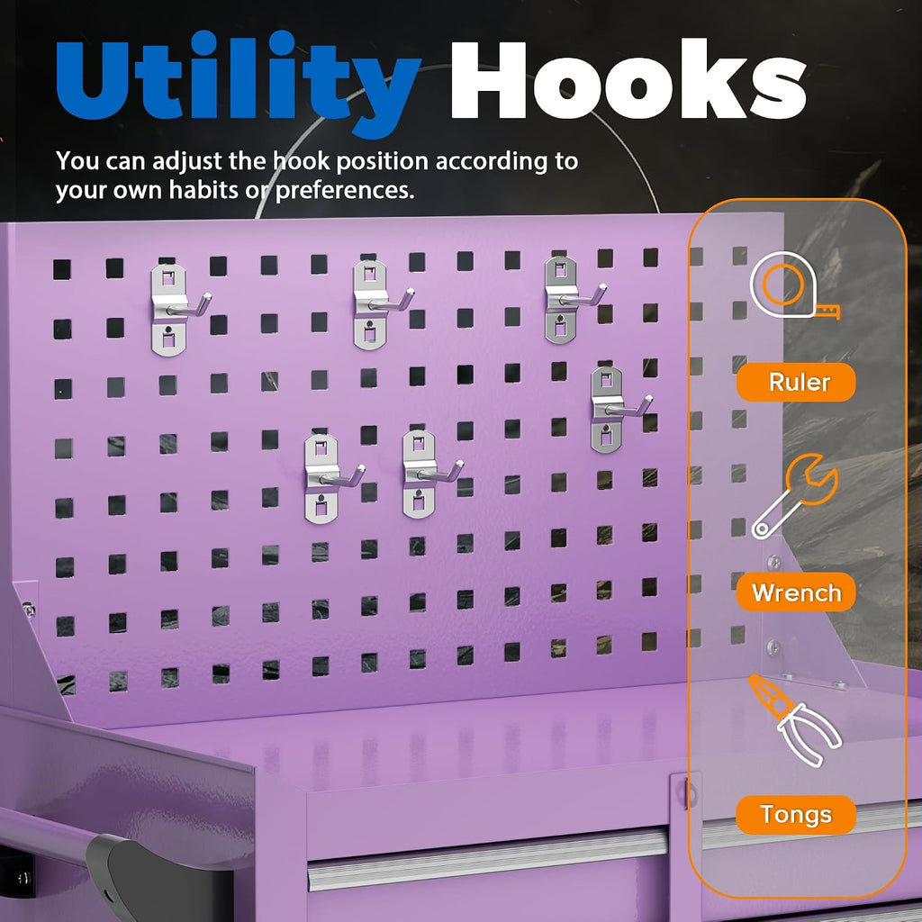 INTERGREAT 7 Drawers Rolling Tool Box with Pegboard,Portable Tool Chest with Wheels, Tool Box Organizer with Locking System for Garage(Purple)