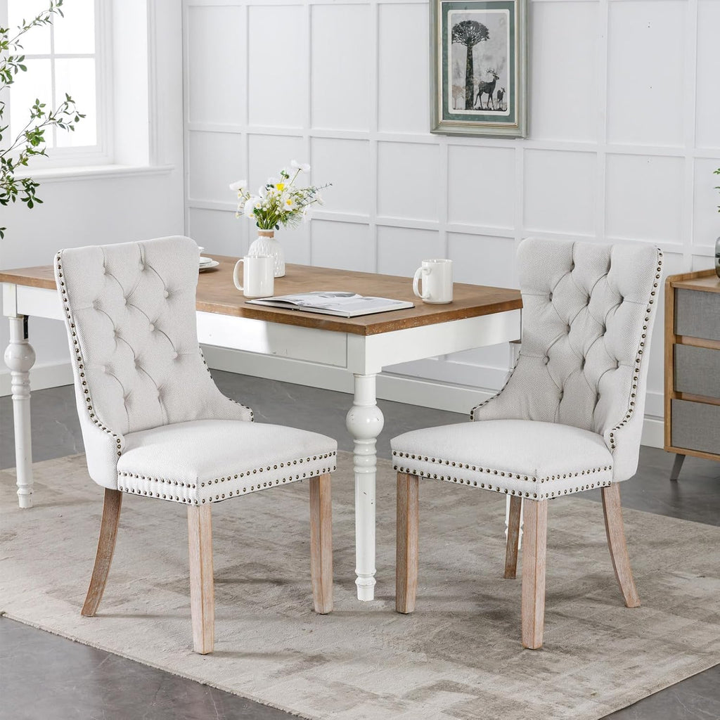 Ball & Cast Contemporary Upholstered Dining Chairs Set of 2, Button Tufted Kitchen Side-Chairs with Hang Ring & Nailhead Trims & Solid Wood Legs, 2-Piece Backrest Traditional Chair, Linen Beige