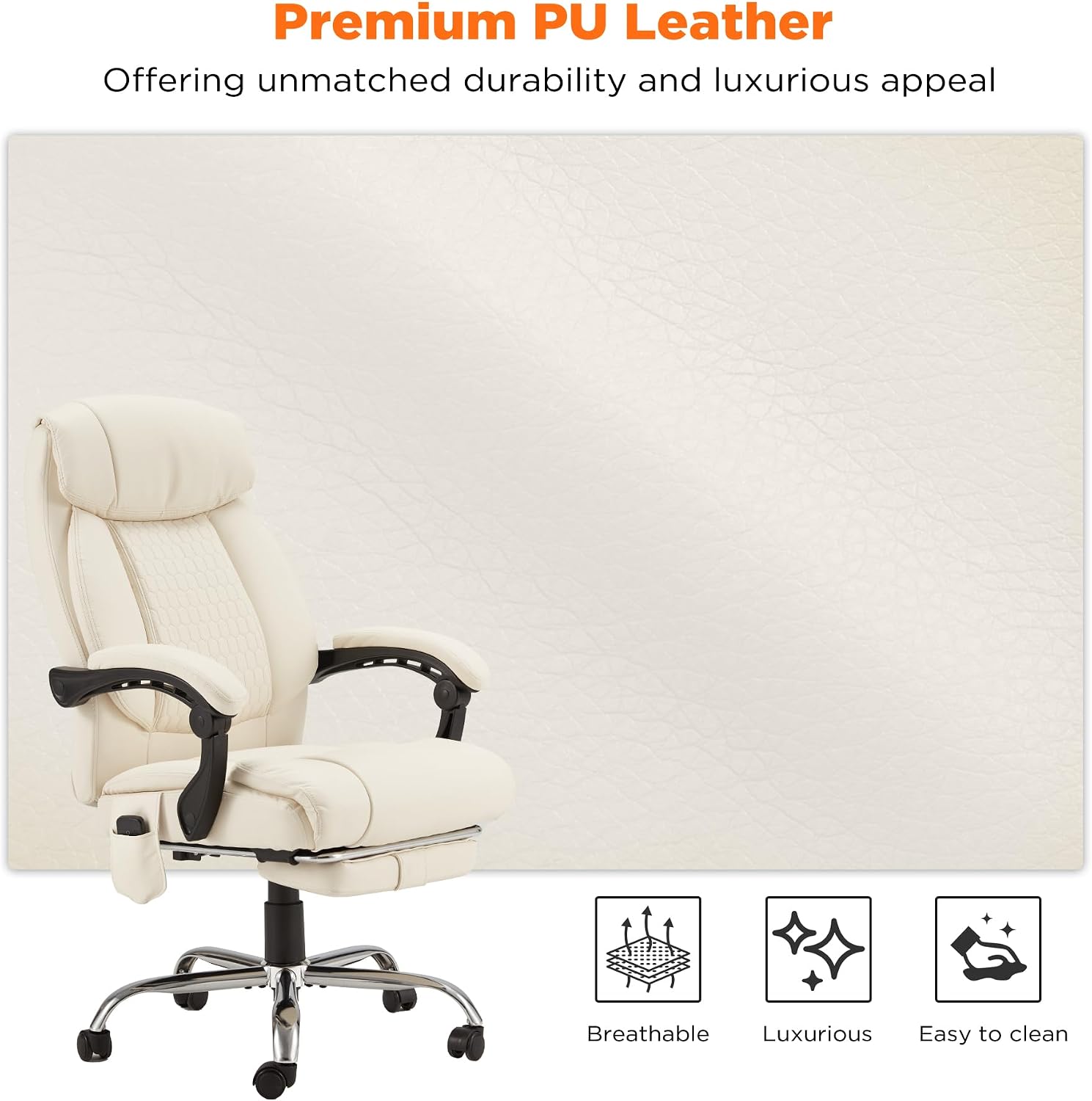 HOMREST 4-Point Massage Office Chair with Heating and Footrest, Reclining Executive Leather Desk Chair, Ergonomic Heated Managerial Chair for Home Office, Beige