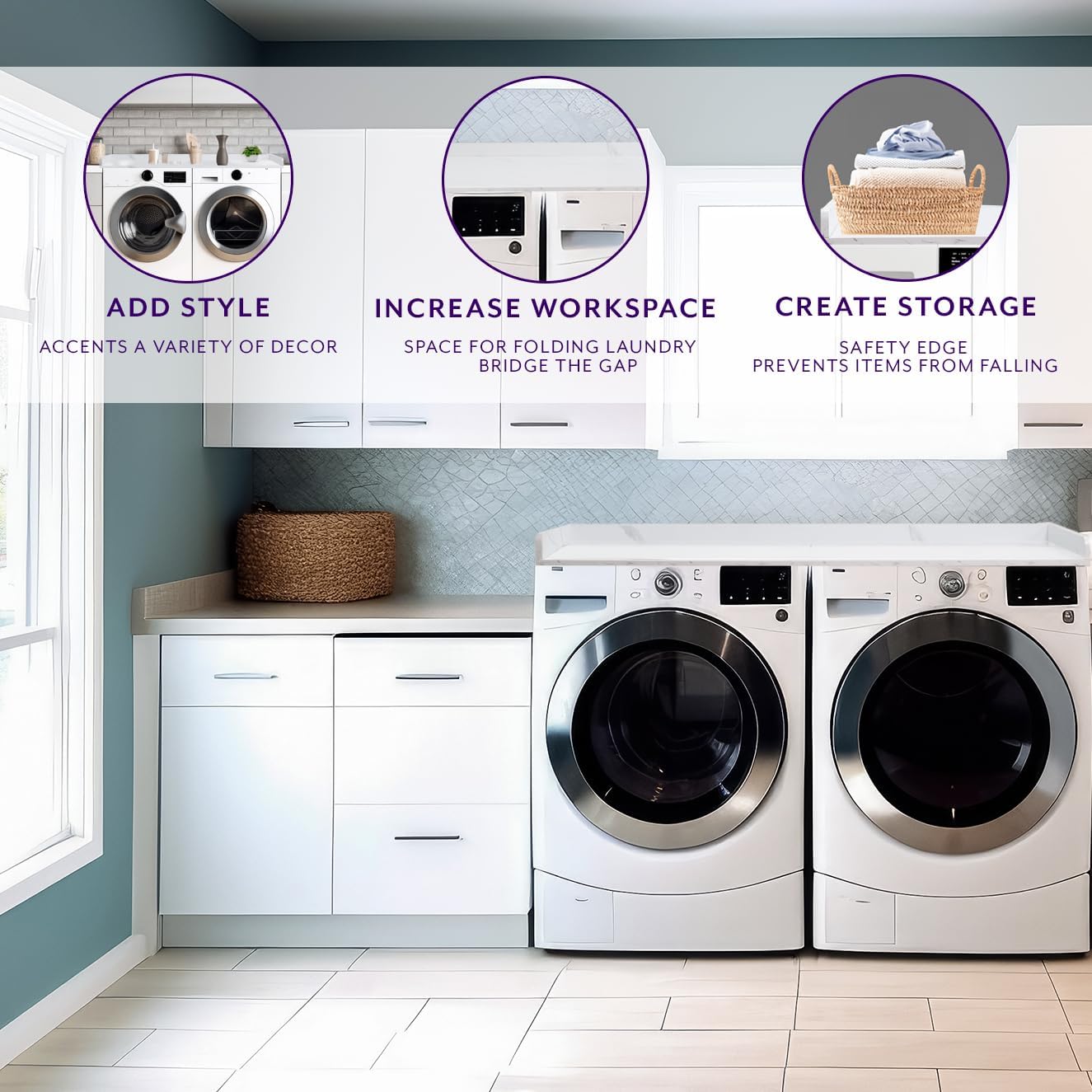Life Finds 54 inch Washer Dryer Countertop with Safety Ledge for Laundry Room Organization, White Marble Pattern, LF-WDCT1WM