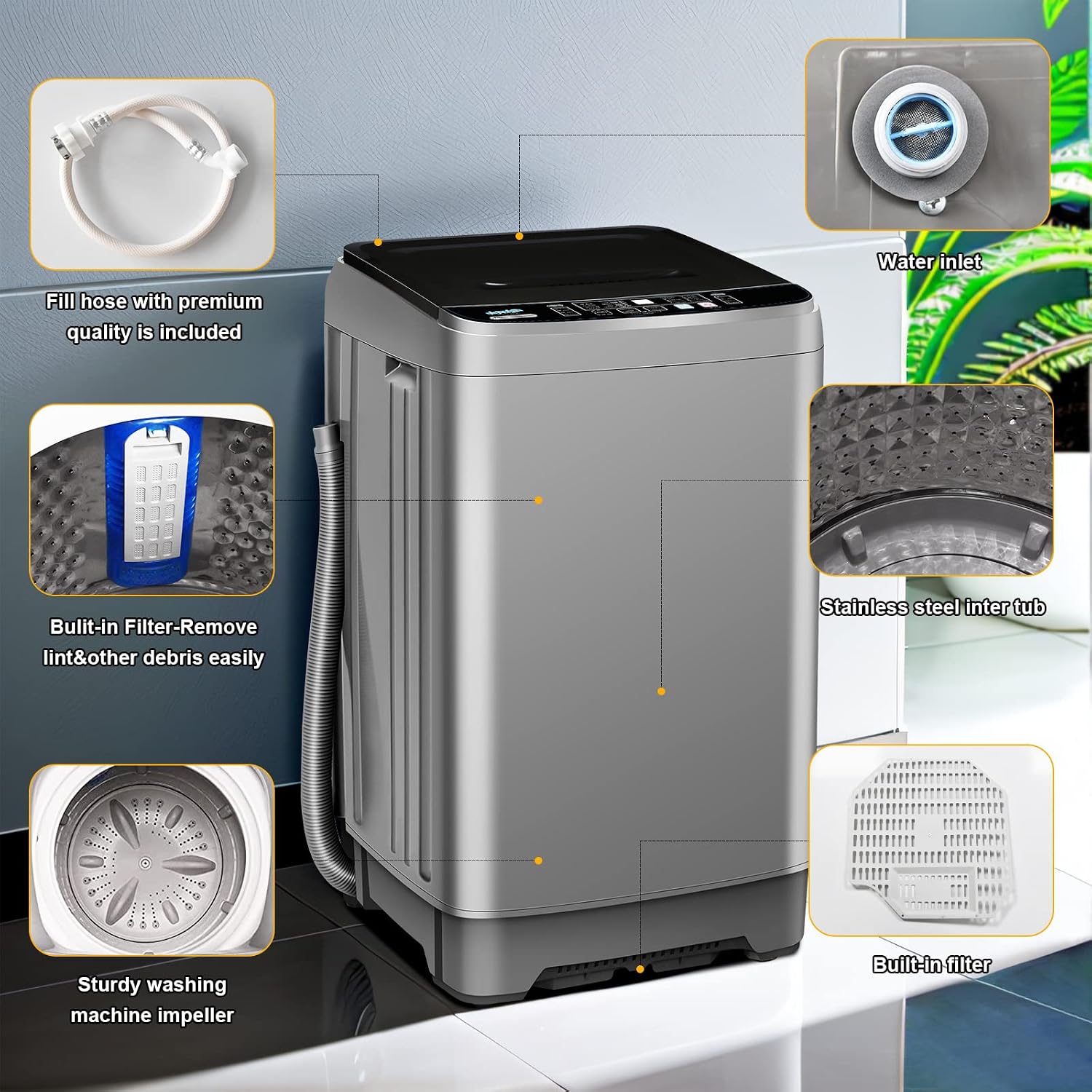 Qhou Full-Automatic Washing Machine, 15.6lbs Capacity Portable Washer, with Drain Pump, LED Display/8 Water Levels Selections/10 Programs Compact Laundry Washer for RV, Camping, Apartment, Dorm（Grey）