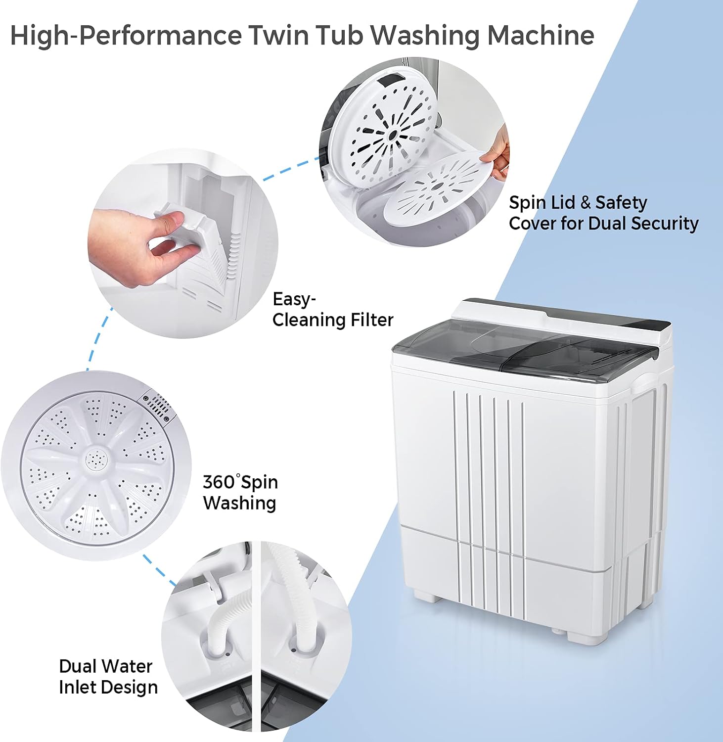 Giantex Portable Washing Machine, 21lbs Capacity, 14.4lbs Washer and 6.6Llbs Spinner, Compact for Apartment RV, White & Gray, GT-GE-10390US-GR-FP